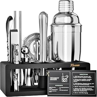 Mixology Bartender Kit with Stand - 15 Piece Bar Tool Set, Silver Bar Set Cocktail Shaker Set for Drink Mixing - Includes Martini Shaker, Jigger, Strainer, Bar Mixer Spoon, Tongs, Opener | Gift Idea