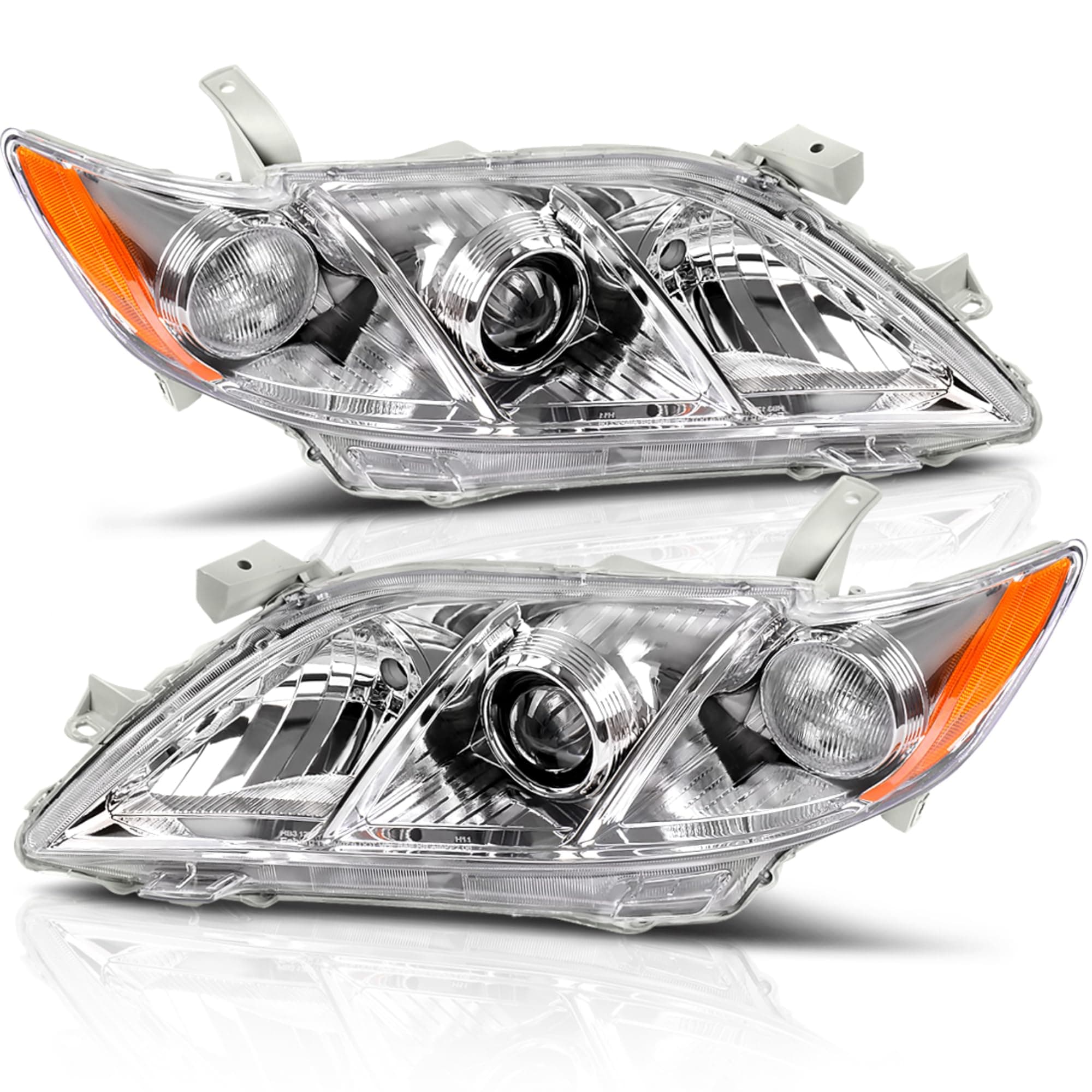Projector Headlight Assembly Compatible with 2007 2008 2009 Camry 07 08 09 Camry (Exclude Hybrid) Replacement Headlamps Left and Right Pair Chrome Housing Amber Reflector Clear Lens