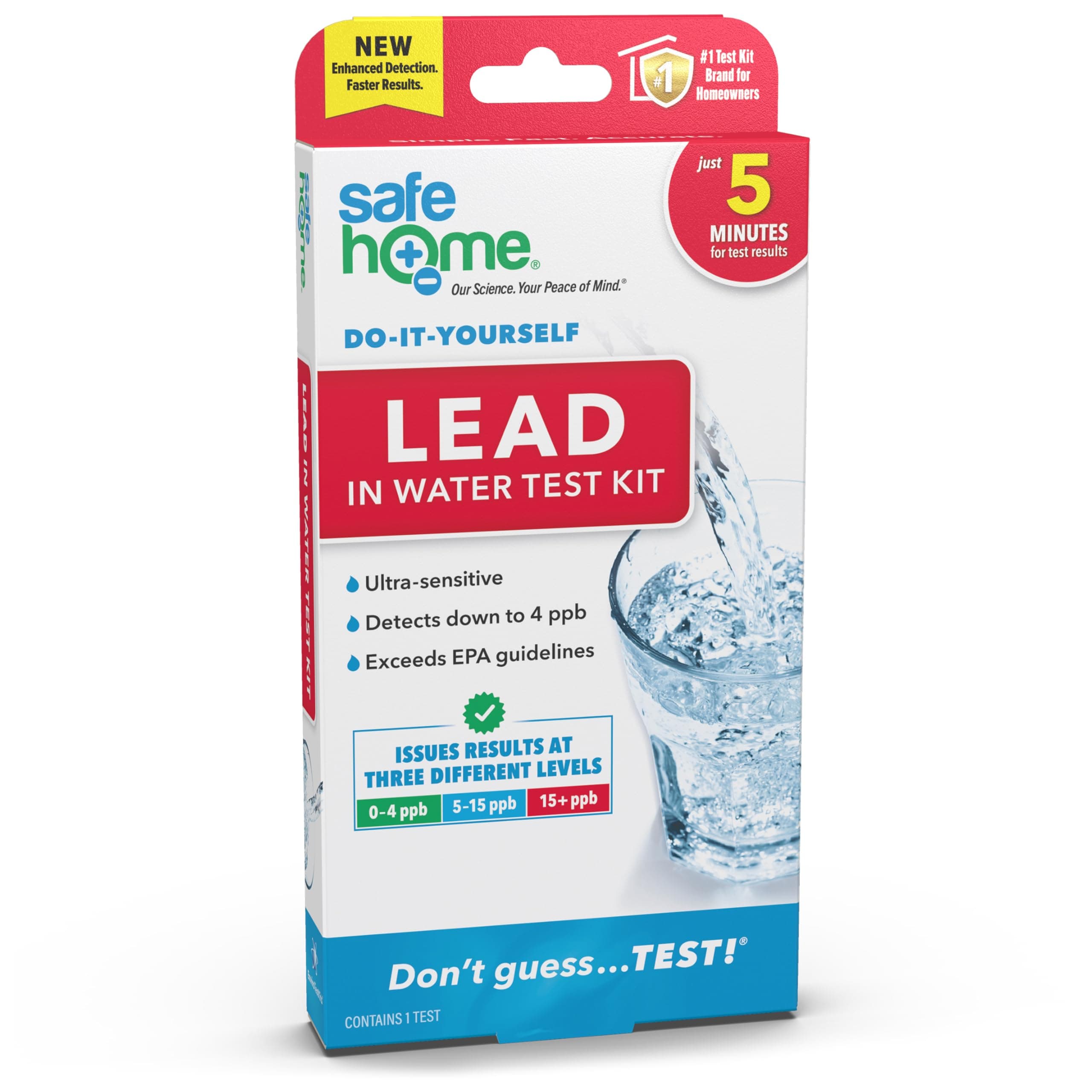 Safe Home® DIY Lead in Drinking Water Test Kit – Advanced Detection to 4 PPB – 5-Minute Test – 3 Levels of Test Results – EPA Lab Certified – Made in The USA – (1 Pack)
