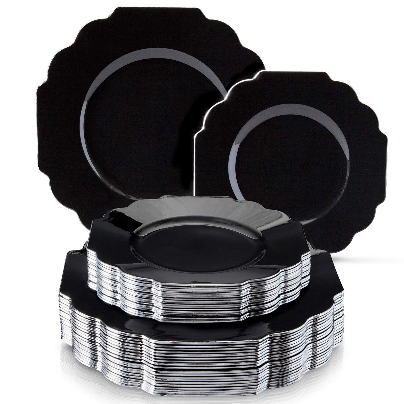 Silver Spoons PARTY DISPOSABLE 40 PC PLASTIC PLATE SET | 20 Dinner Plates | 20 Side Plates | Heavyweight Plastic Dishes | Elegant Fine China Look | for Upscale Wedding and Dining - Baroque, Black