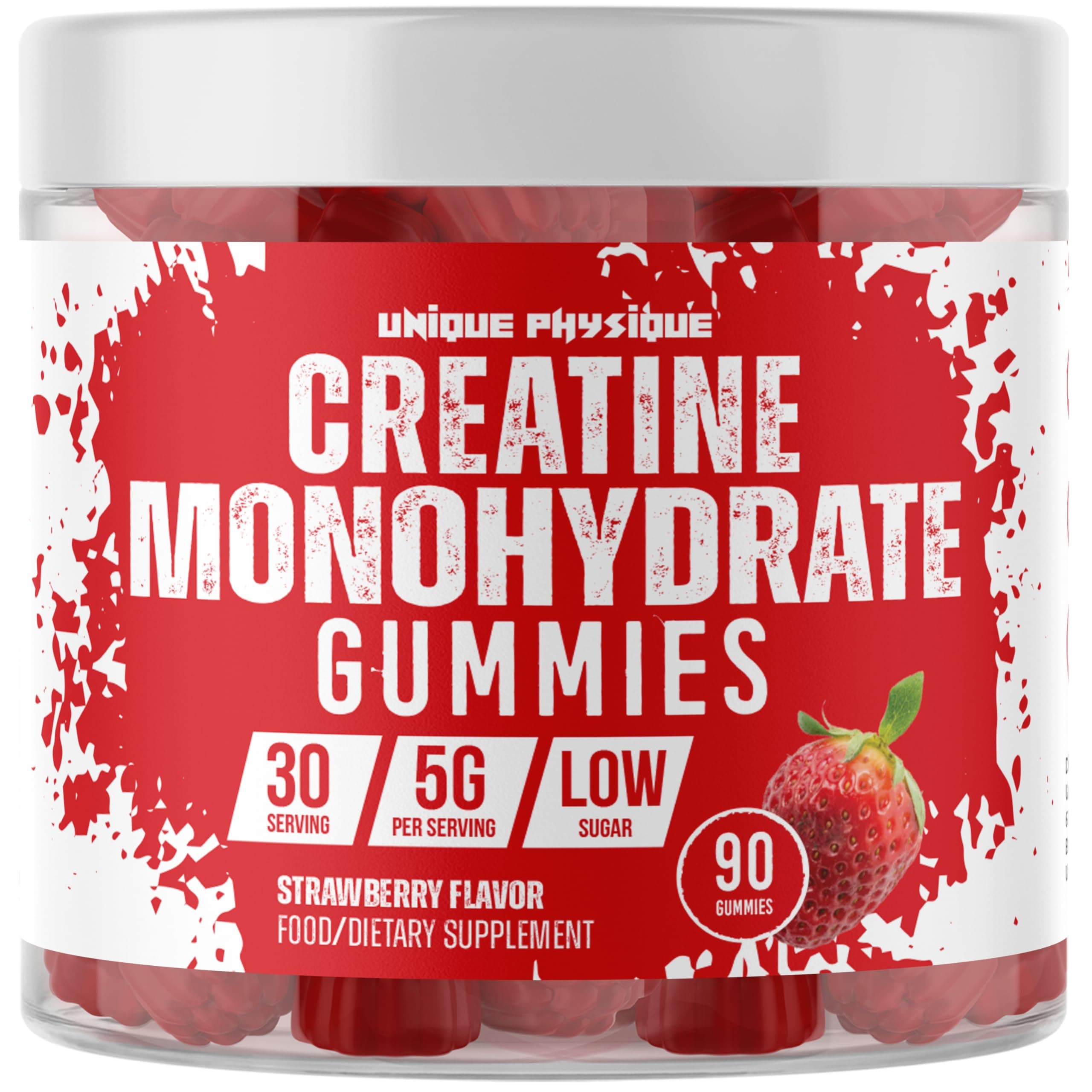 Unique Physique - Creatine Monohydrate Gummies - 5g / 5000mg Per Serving - 1 Month Supply - Supports Muscle Growth - Strawberry Flavour - Vegan & Low Sugar - for Men & Women