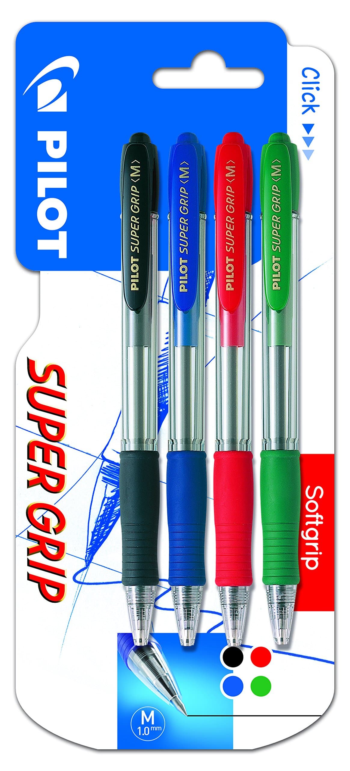 Pilot Spain Super Grip – Pack of 4 Pens, Medium Point, Multi-Colour