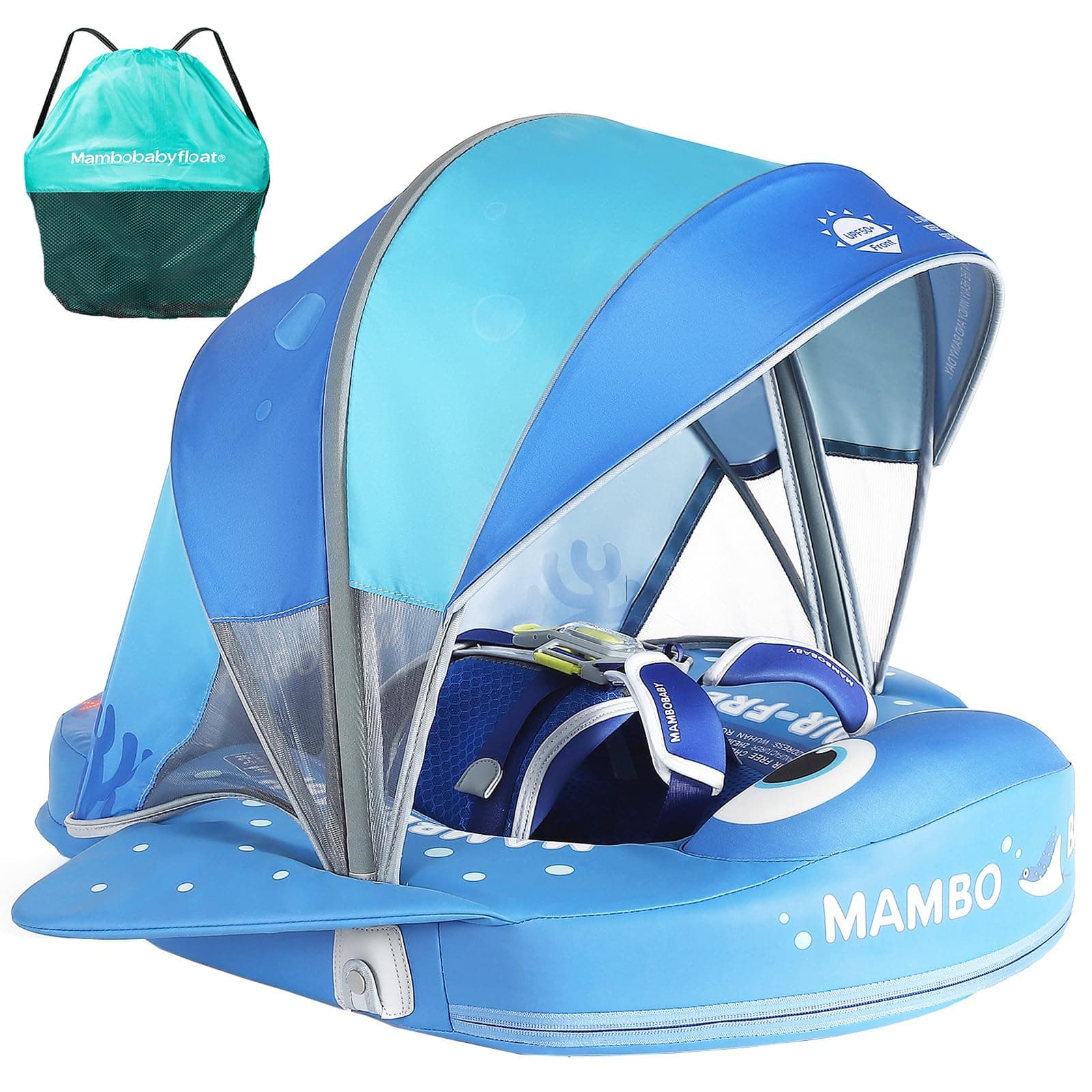 Mambobaby Float with Canopy and Tail New Upgraded Non-Inflatable Baby Pool Float Mambo Float Swim Trainer Solid Infant Swim Float Adjustable Pearl Foam Baby Swim Ring