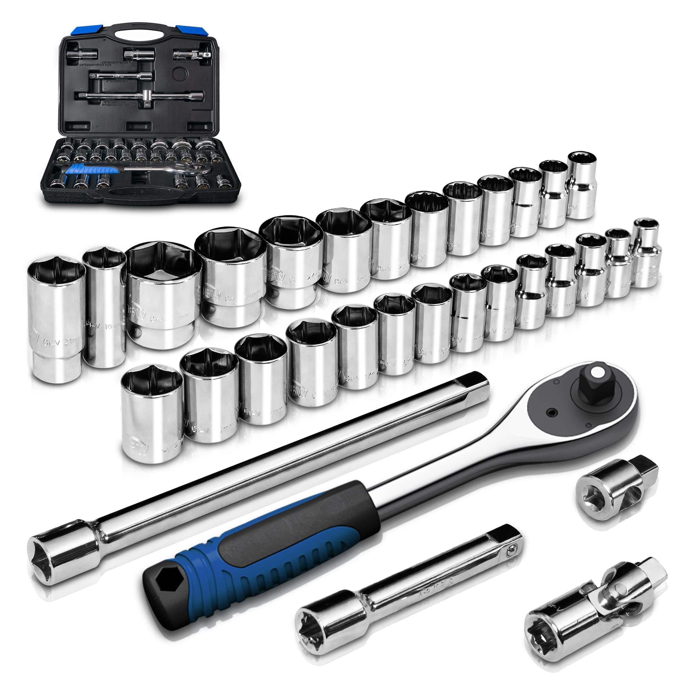 1/2 inch Drive 8mm-32mm Metric socket set, 32-piece Mechanic Tool Socket Ratchet Wrench Set, for Auto Repairing & Household