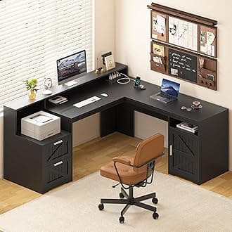 63" Farmhouse L Shaped Desk with Drawers & Storage Shelf, Corner Computer Desk with Power Outlets for Home Office, Executive Desk with Monitor Stand, Printer Shelf, Black