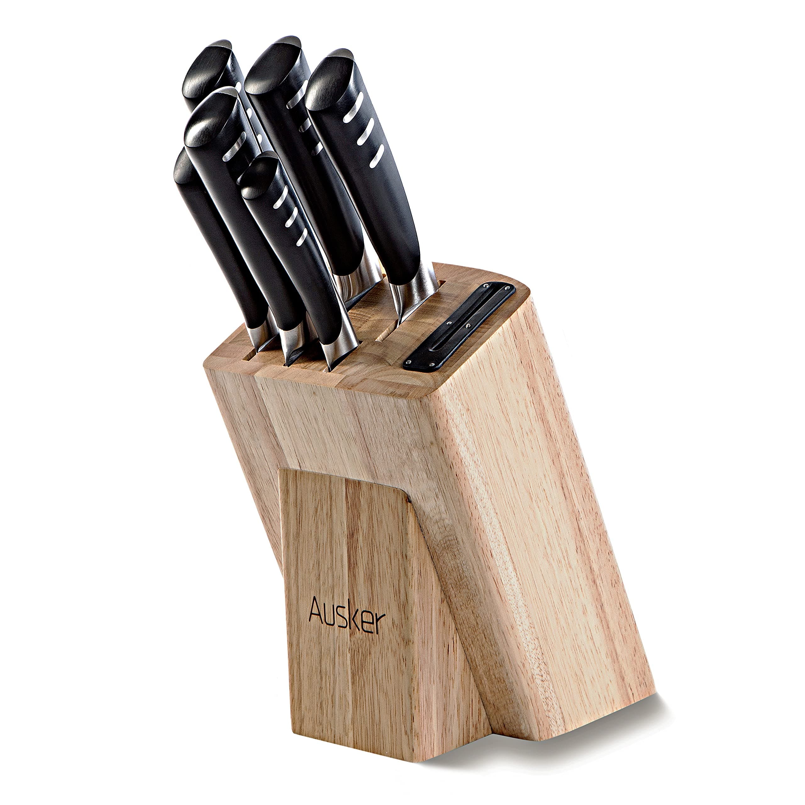 Ausker - Kitchen Knife Set Block with Sharpener, Chef, Santoku, Paring, Utility, Carving and Bread Knives, Stainless Steel Professional Kitchenware (Set of 6)