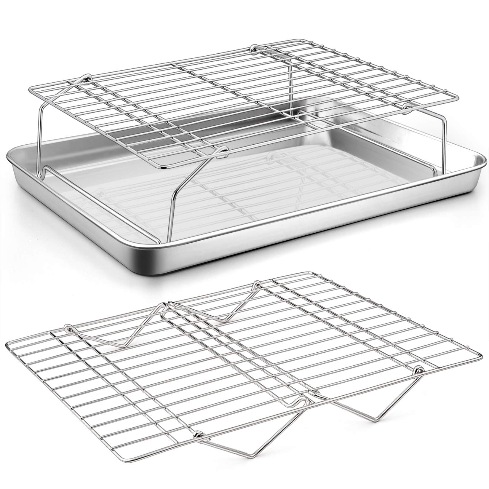 P&P CHEF Baking Sheet and 2-Tier Cooling Racks Set, Stainless Steel Baking Pan Tray with Stackable Cooking Wire Rack for Cookie Bacon Meat, Uncoated & Non-toxic, Mirror Finish& Dishwasher Safe - 3Pcs