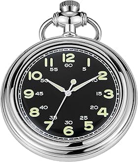 Whodoit Uncovered Mechanical Pocket Watch, Arabic Numeral Dial Men's Mechanical Pocket Watch, Mechanical Pocket Watch Thin Back Cover and Chain