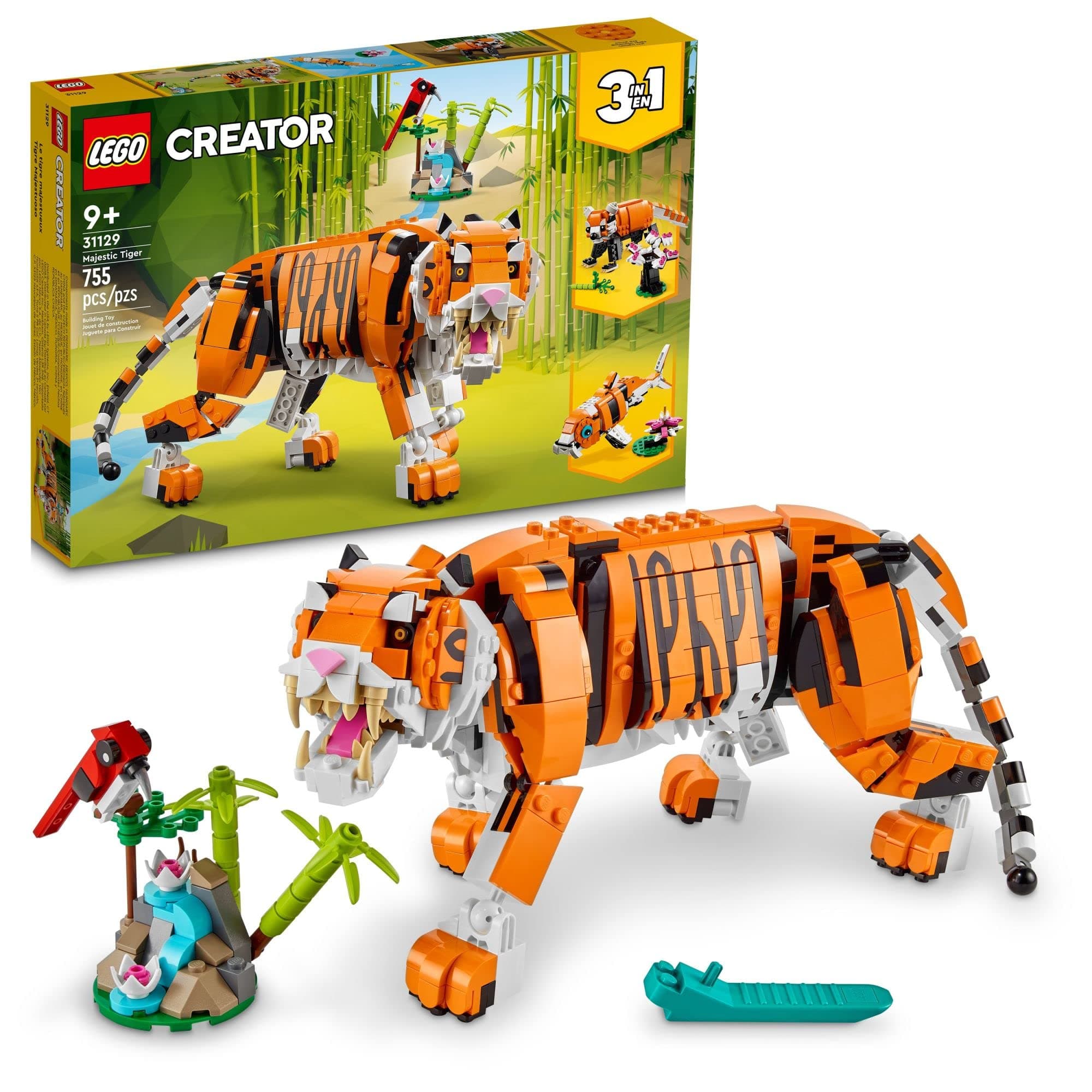 Creator 3 in 1 Majestic Tiger Building Set, Transforms from Tiger to Panda or Koi Fish Set, Animal Figures, Collectible Building Toy, Gifts for Kids, Boys & Girls 9 Plus Years Old, 31129