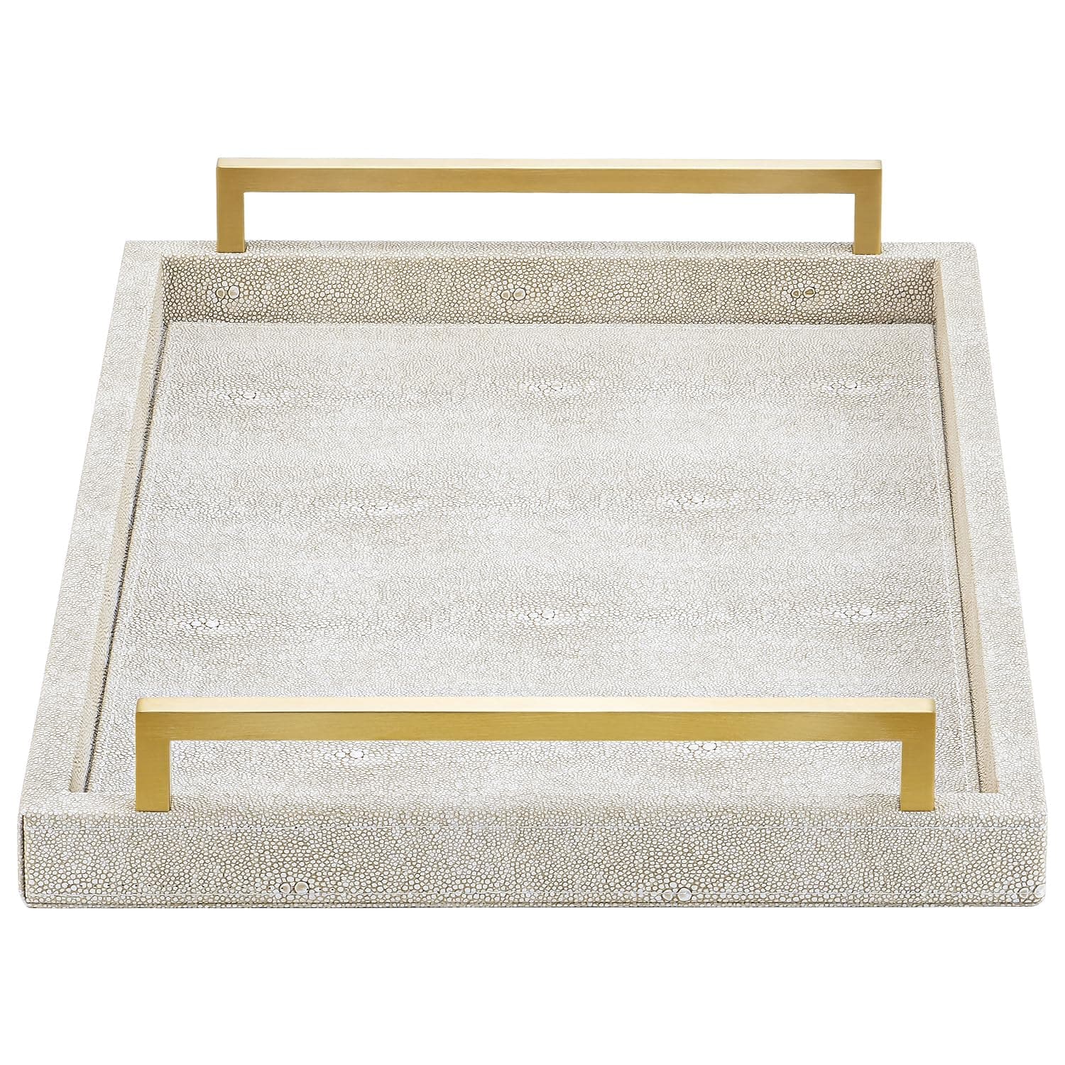 XIGEXIGE Ivory Shagreen Decorative Tray Large Rectangle Coffee Table Tray for Ottoman Faux Leather Serving Tray with Brushed Gold Handles