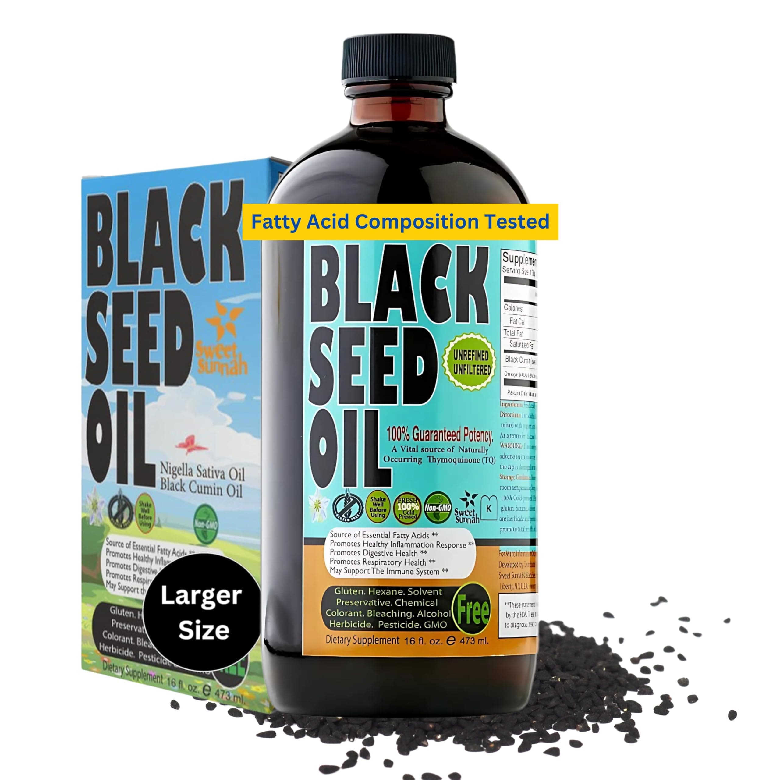 Premium Black Seed Oil Liquid 16 oz - Sugar Free 3 Month Supply Antioxidant Turkish Black Cumin Seed Oil - 3X Thymoquinone First Cold Press Vegan, Halal, Sweet Sunnah