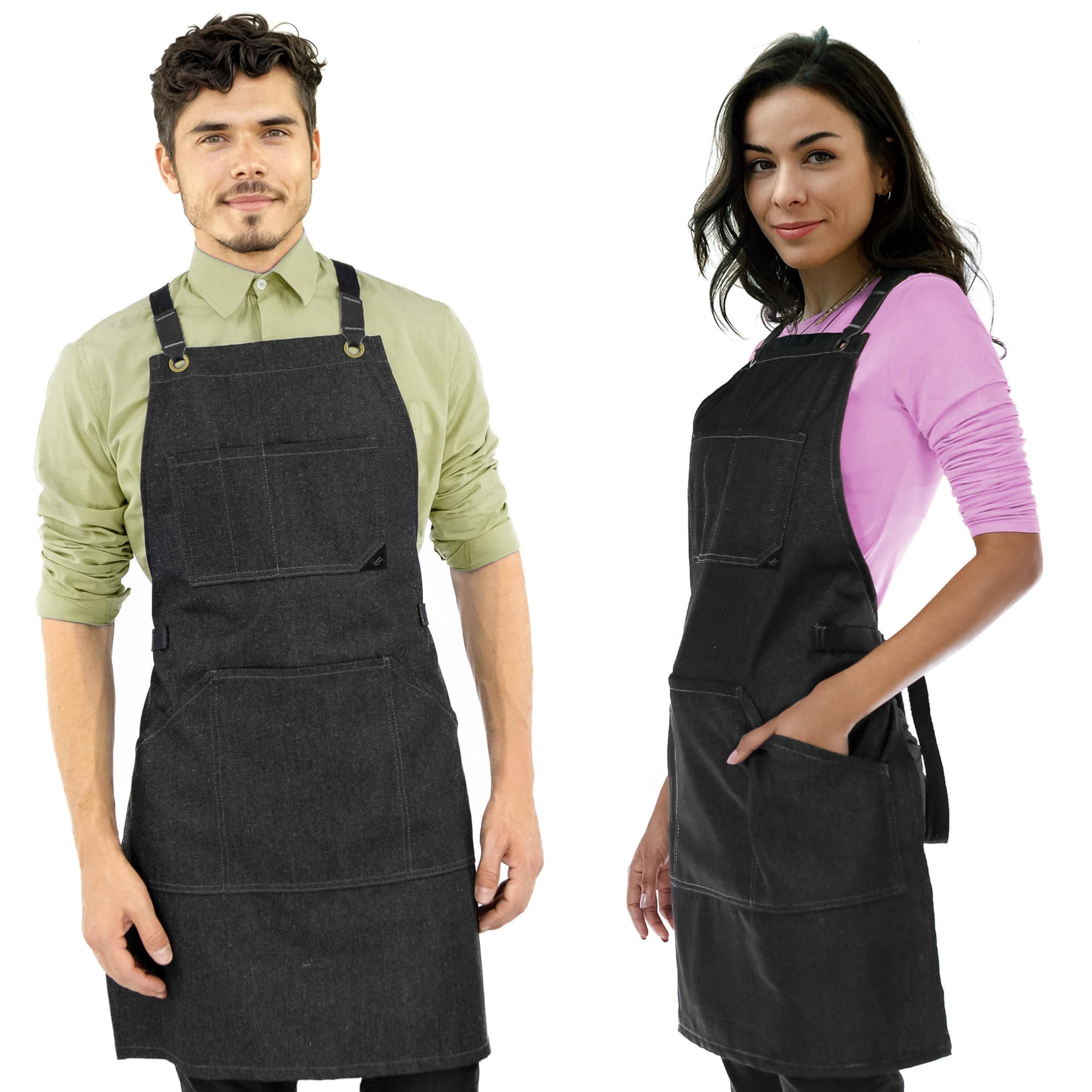 Essential Black Denim Apron – Cross-Back with Leather Reinforcement – Adjustable for Men and Women – Pro Chef, Tattoo Artist, Baker, Barista, Bartender, Server Aprons