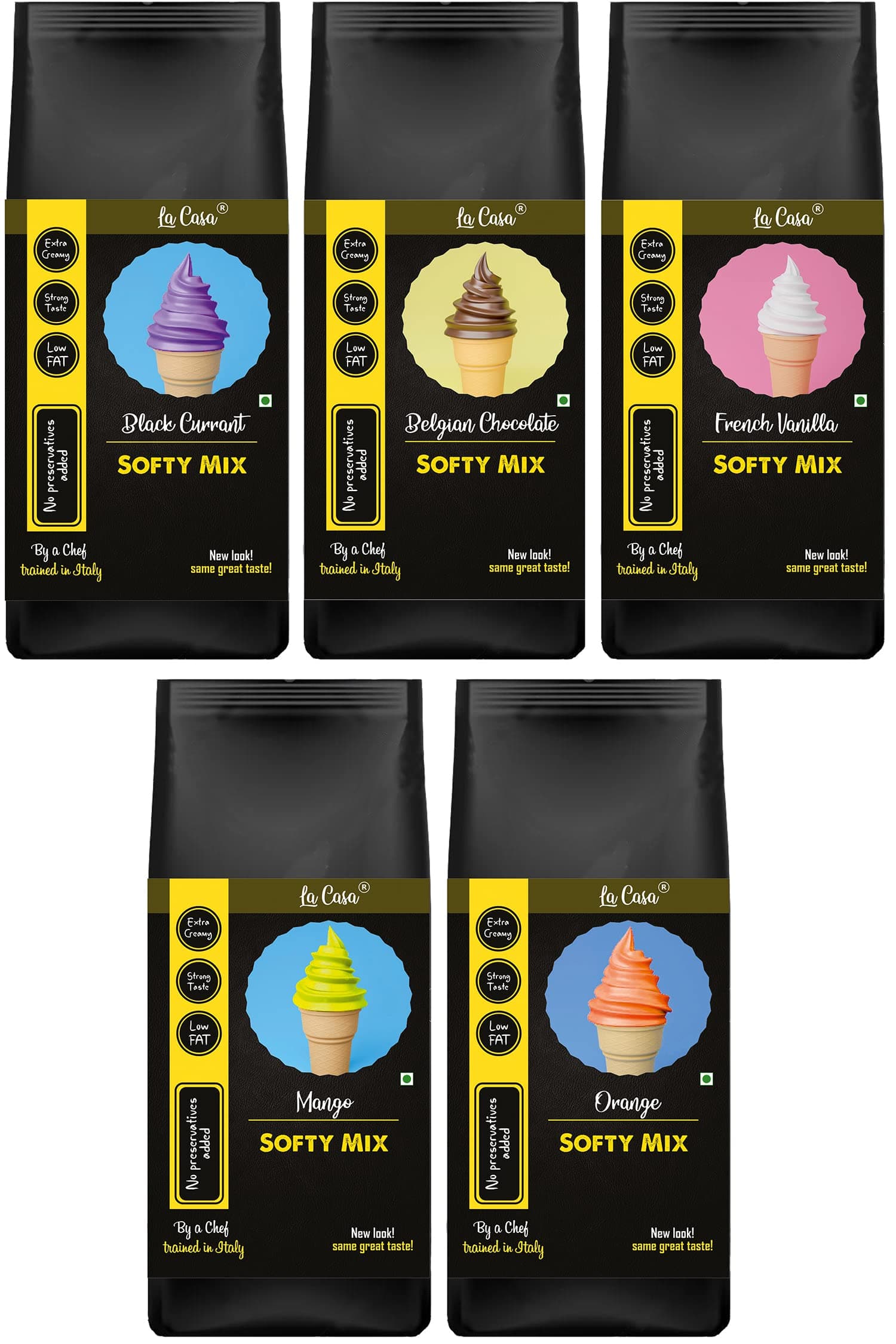 La Casa Soft Serve or Softy Premix | Combo Pack of 5 | Extra Creamy & Strong Flavor | 5x250g |