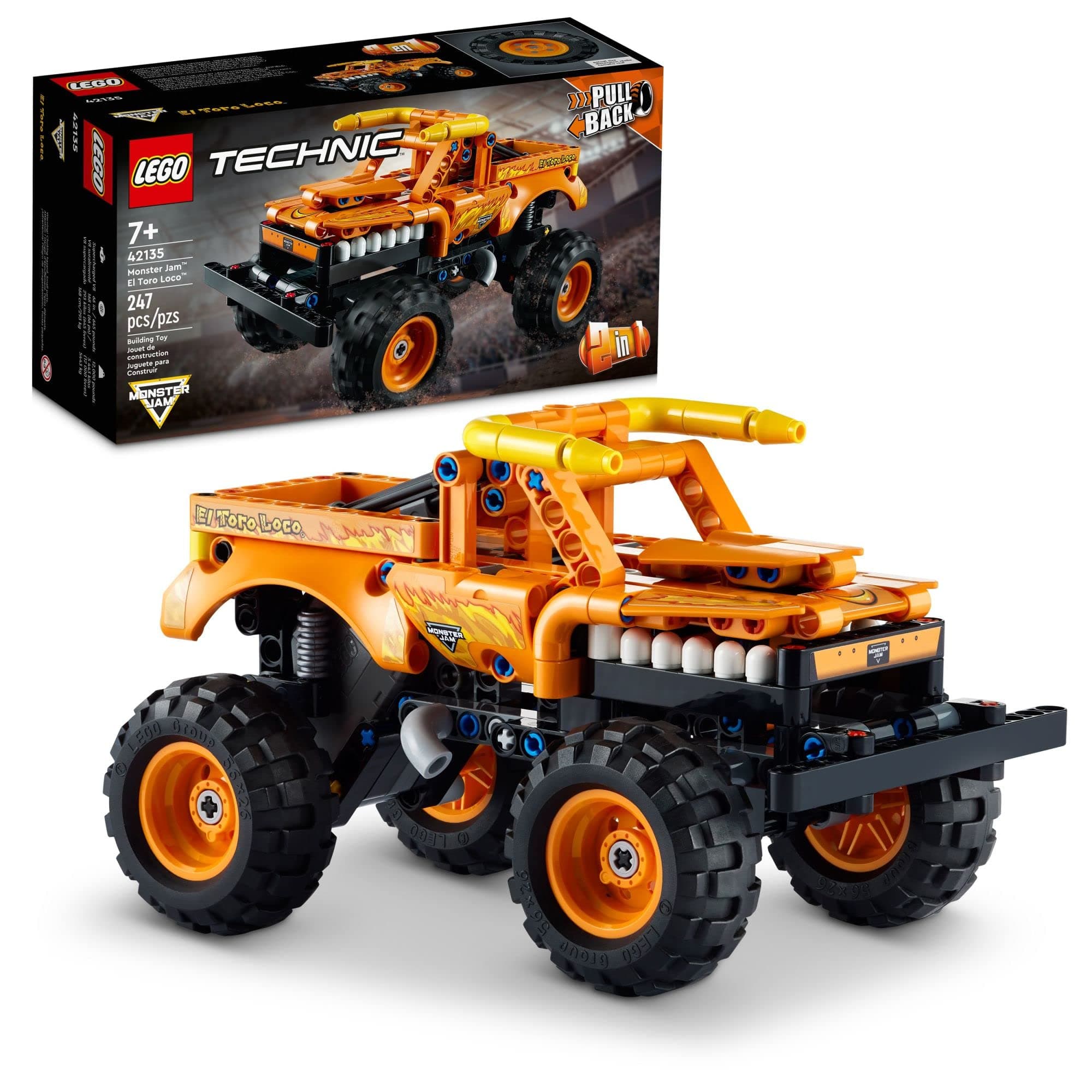 Technic Monster Jam El Toro Loco, 2 in 1 Pull Back Truck to Off Roader Car Toy 42135, Monster Truck and Race Car Building Toy, Construction Kit for Kids, Boys, Girls Age 7+ Years Old