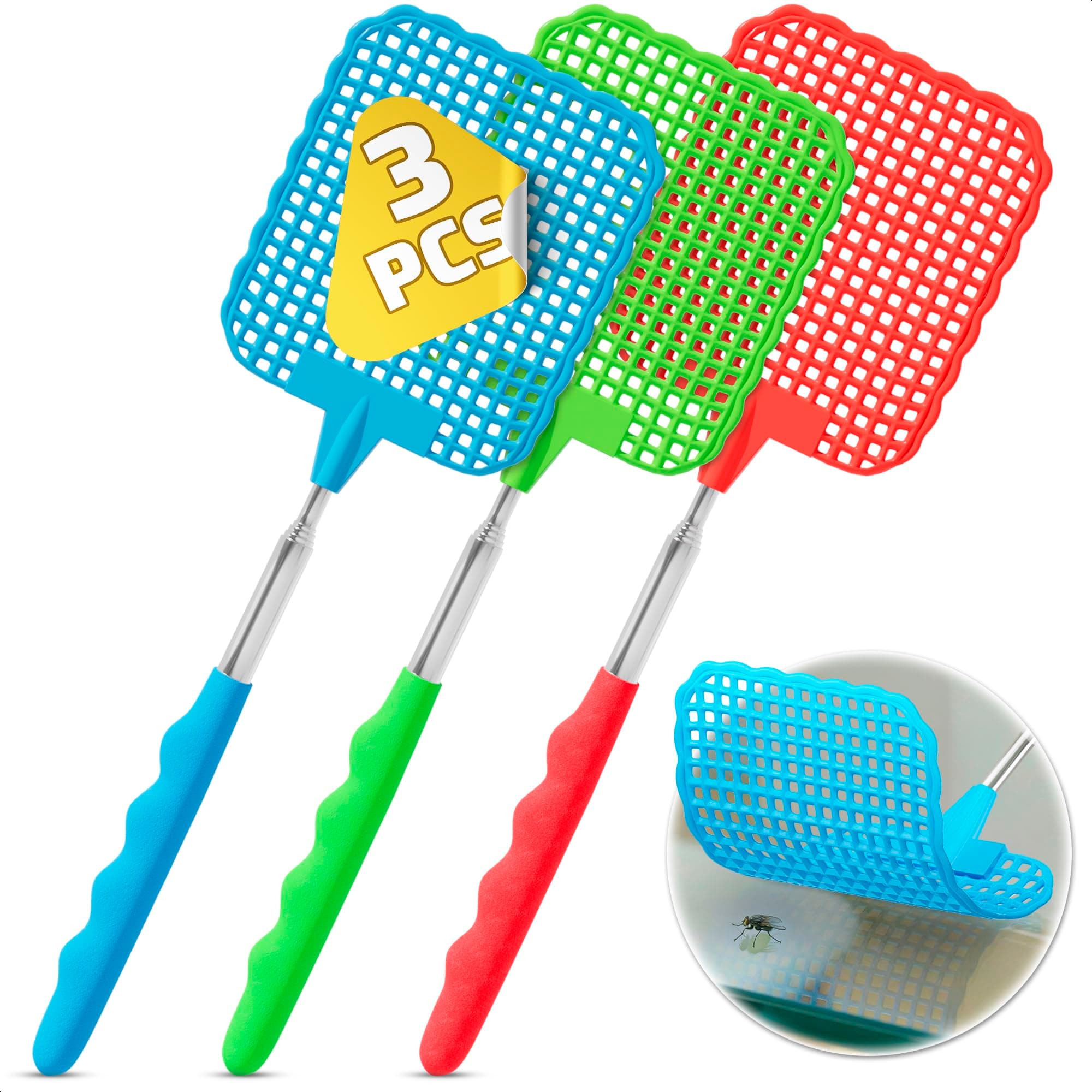 3-Pack Telescopic Fly Swatter Set – Durable and Lightweight Extendable Fly Swatter for Indoors and Outdoors, 3.1 x 3.9 Flexible Head, Non-Slip Ergonomic Rubber Handle, Compact Design for Easy Storage