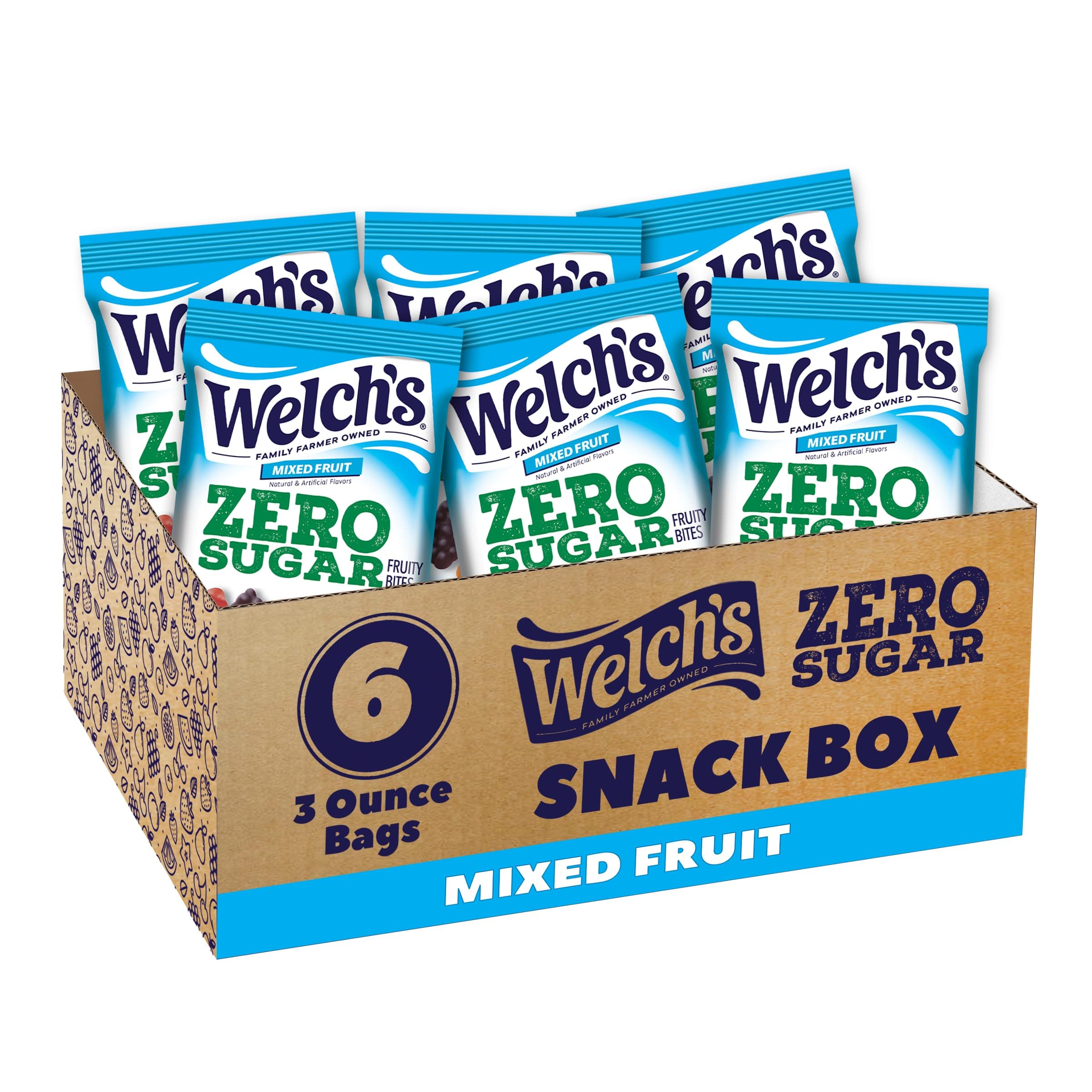 Welch's Zero Sugar Fruity Bites, Mixed Fruit Snack Box, Gluten Free & Sugar Free Snacks, 3oz Snack Packs (Pack of 6)