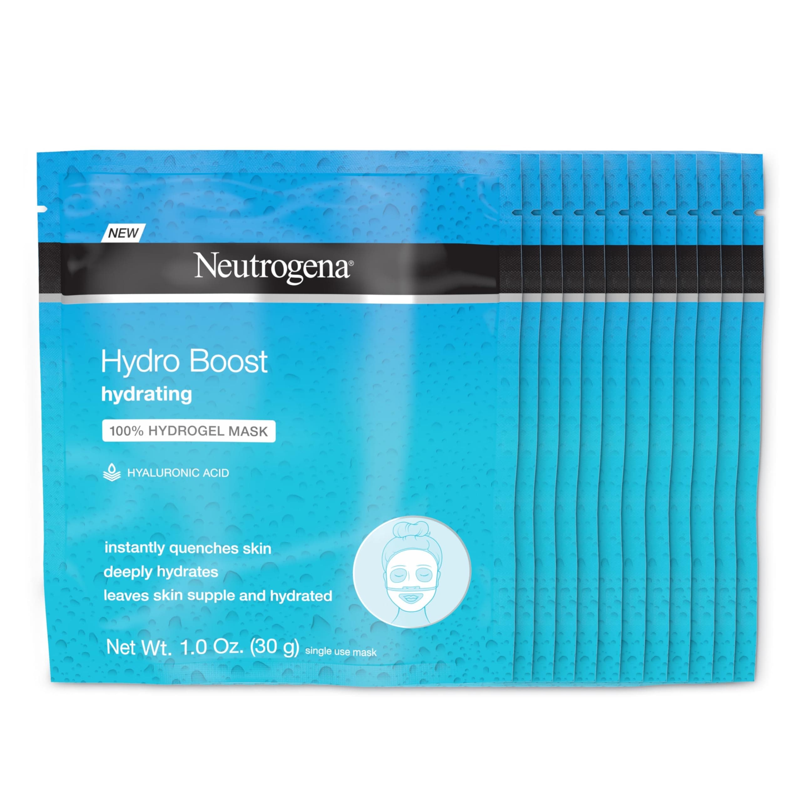 Neutrogena Hydro Boost Moisturizing & Hydrating 100% Hydrogel Face Mask Sheet with Hyaluronic Acid, 1 oz,pack of 12