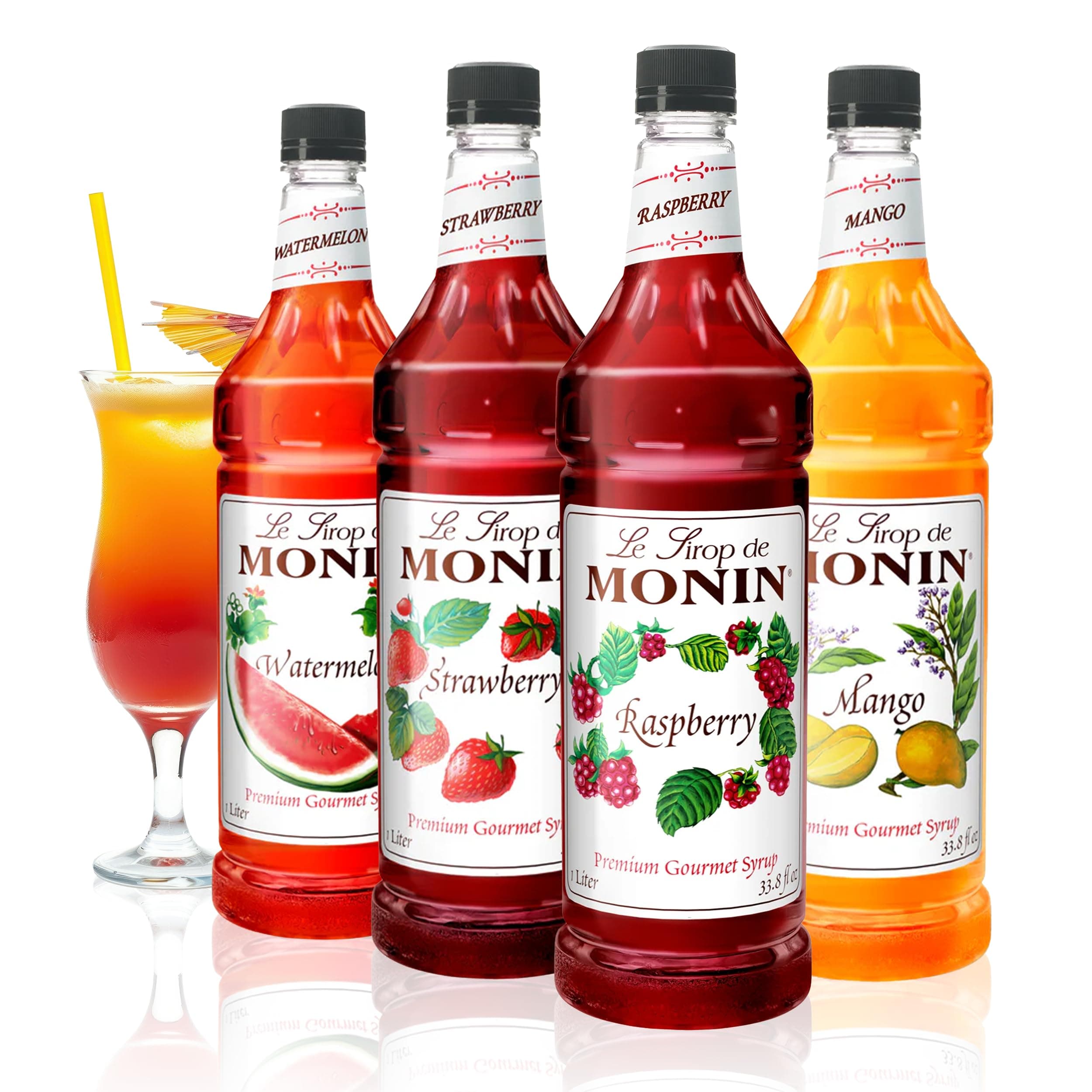 Monin - Summer Variety Pack, Fruit Flavored Syrup, Mango, Strawberry, Raspberry, & Watermelon Syrup, Simple Syrup for Margaritas, Lemonade, Cocktails, & More, Clean Label (1 Liter, 4-Pack)