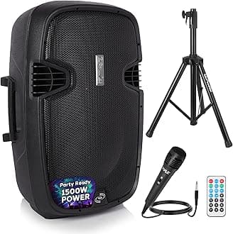 Pyle PPHP155ST Wireless Portable PA Speaker System - 1500W High Powered Bluetooth Compatible Active Outdoor Sound Speakers w/ USB SD MP3 RCA - 35mm Mount, Stand, Microphone, Power Cable, Black, 15"