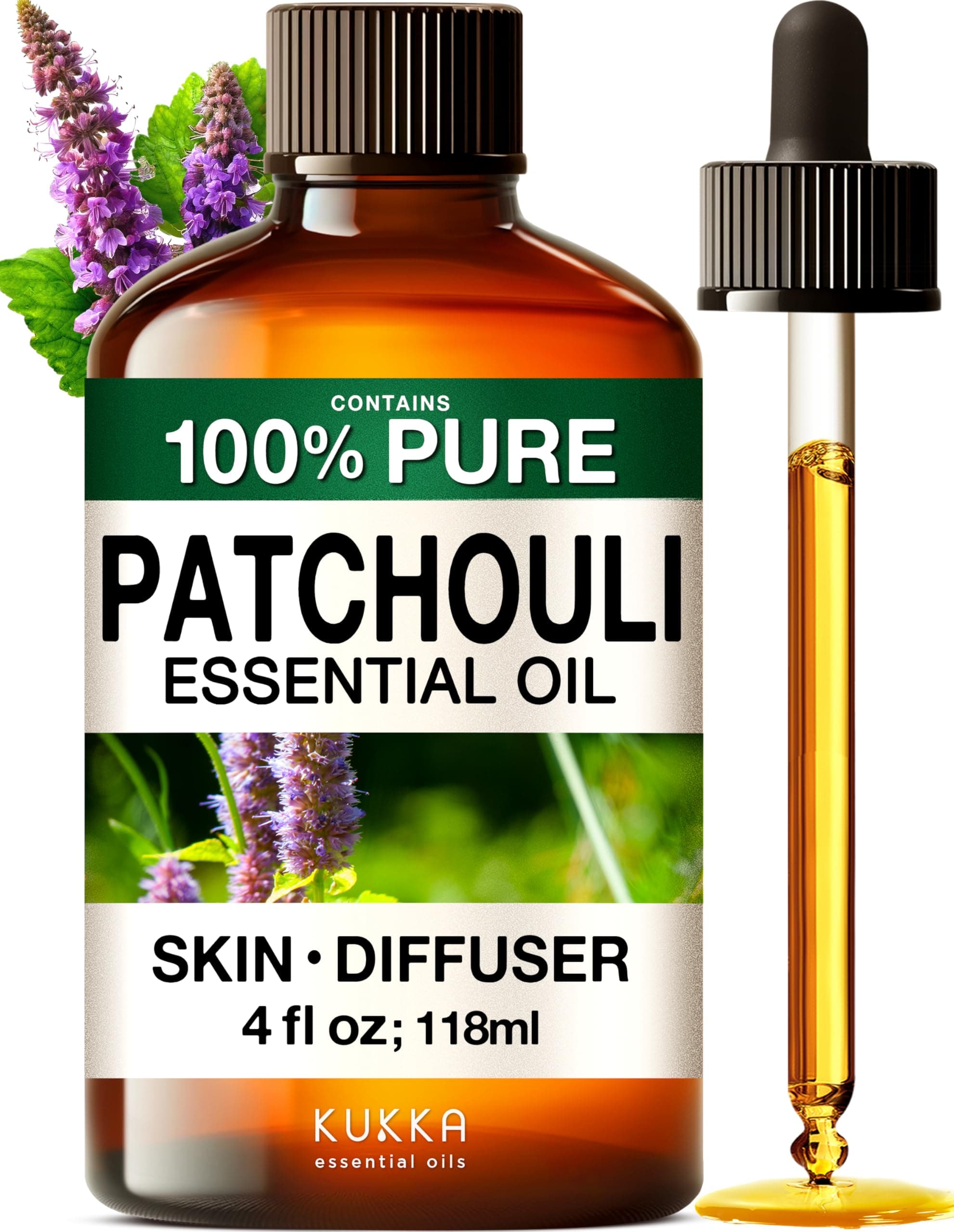 Kukka Patchouli Essential Oil for Skin & Diffuser - 4 Fl Oz - 100% Pure Natural Patchouli Oil, Captivating Scent for Body Perfumes, Aromatherapy & Soap Making Scent DIY