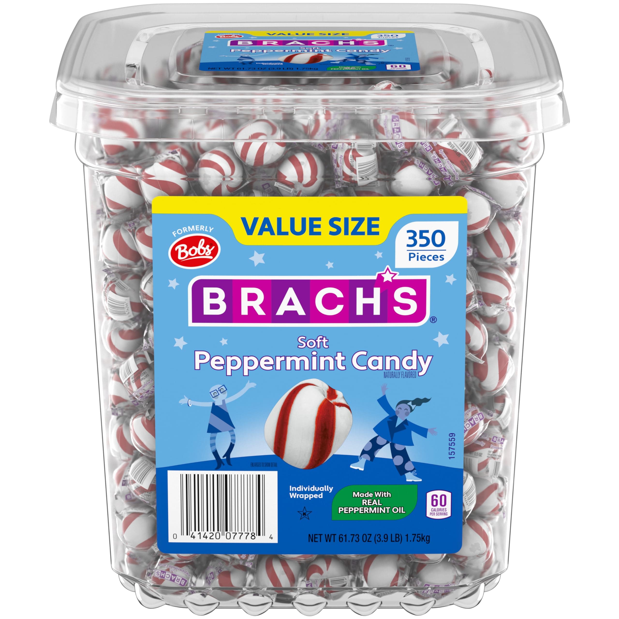 Brach's Bobs Sweet Stripes Soft Peppermint Candy, Individually Wrapped Pieces, 3.9 lb Tub (350 Count)