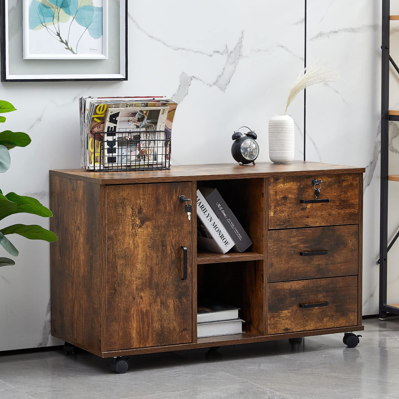 Rolling Mobile File Cabinet with Lockable Drawers and Cabinet Printer Stand with Open Shelves Stationery Storage Cabinet Cupboard (brown)