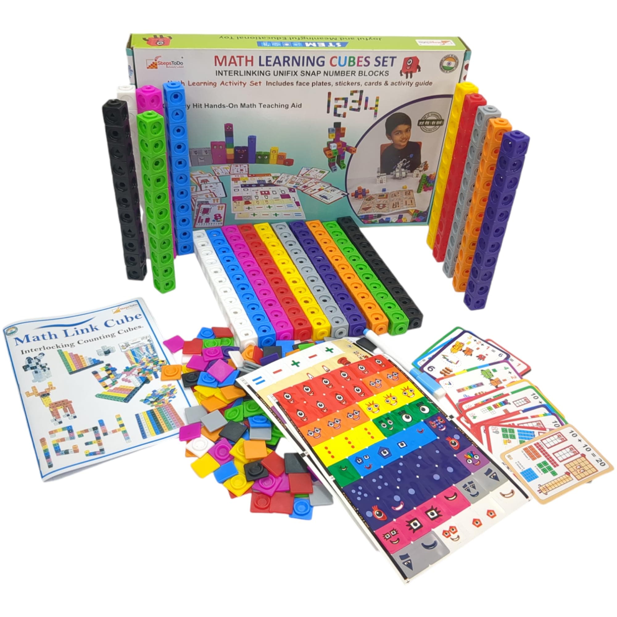Math Learning Cubes Set 200 Number Blocks 200 Face Plates, 108 Stickers, 20 Activity Cards, Activity Guide Hands-On STEM Educational Toy for Kids, Counting, Patterns, Place Value