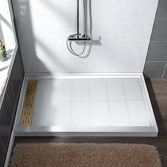 WOODBRIDGE 60"L x 34" W x 4"H Shower Base,Left Drain,Non-Slip Single Threshold Shower Pan, Solid Surface with Brushed Gold Linear Drain Cover