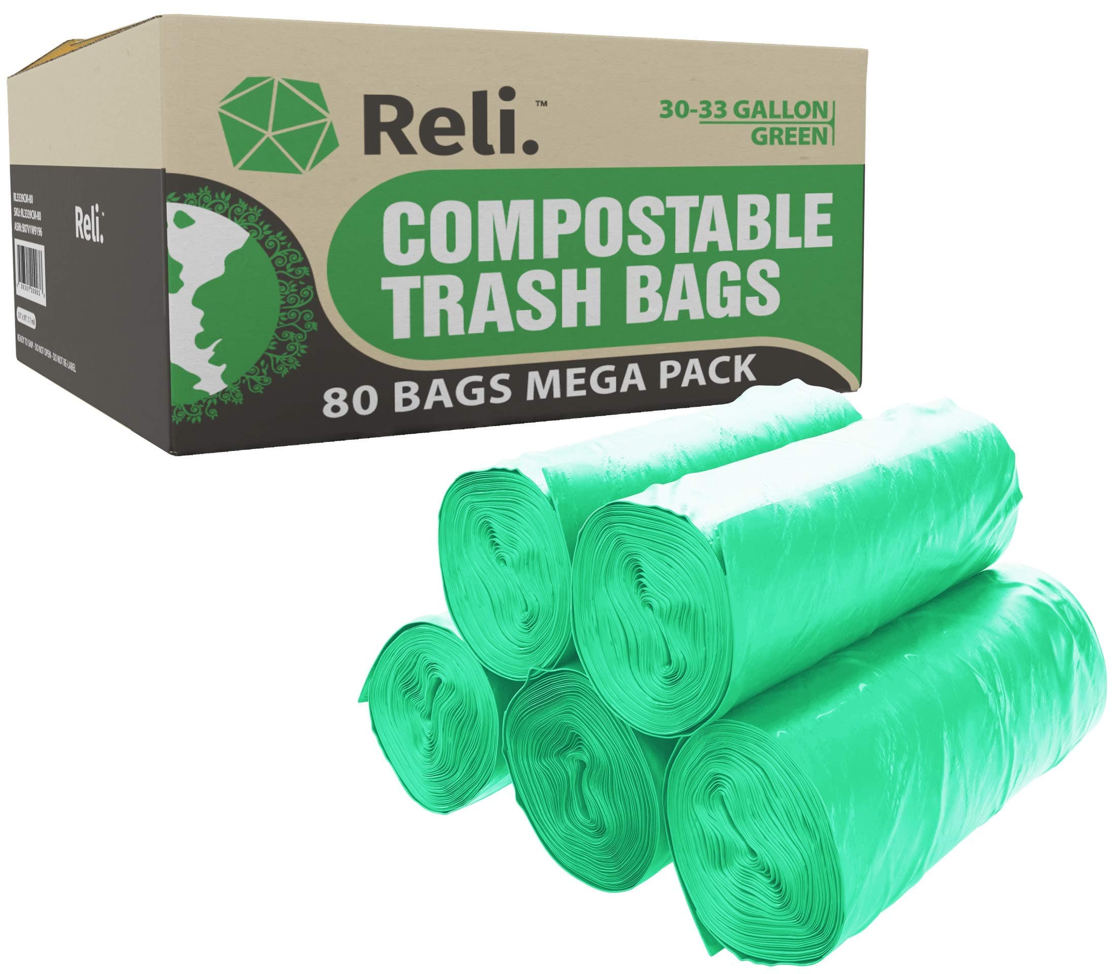 Compostable 33 Gallon Trash Bags | 80 Count Bulk | ASTM D6400 | Green | Eco-Friendly | For Compost