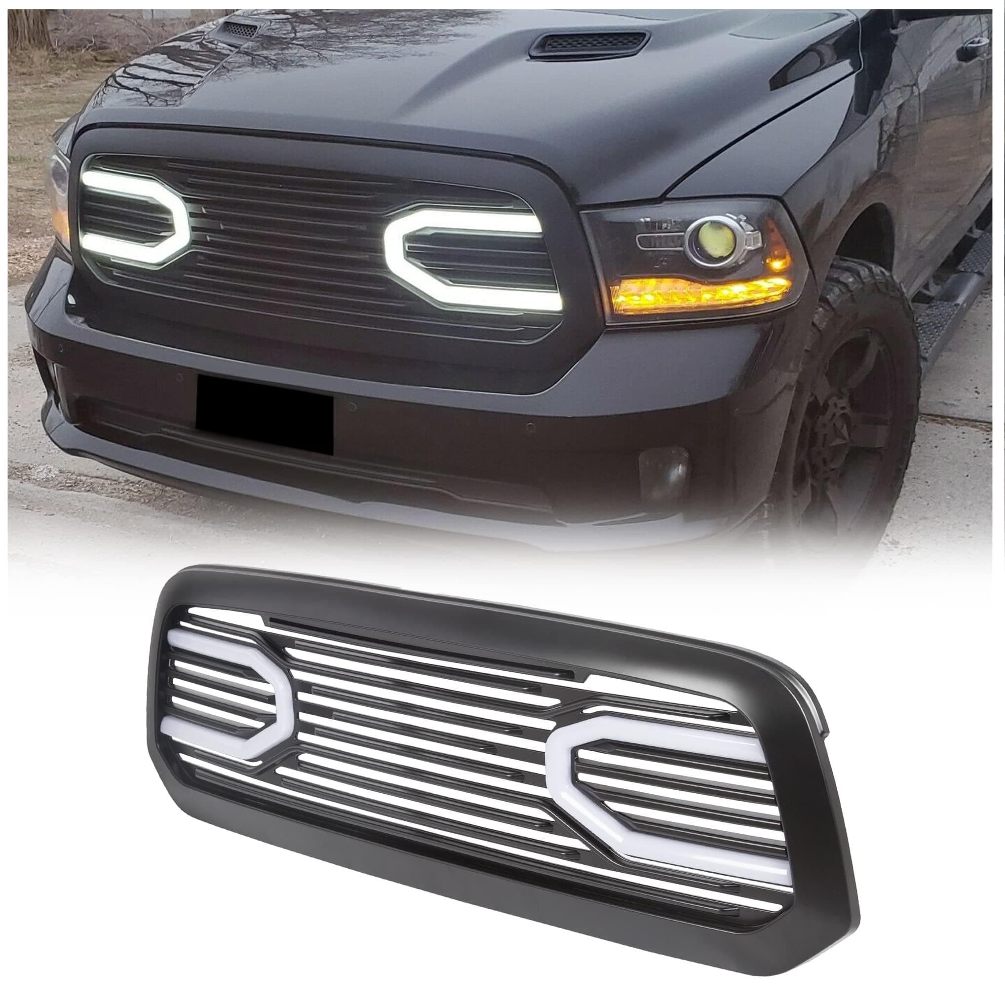 HECASA Front Big Horn Grille Replacement Shell Compatible with 2015-2018 Ram 1500 2019-2021 Ram 1500 Classic (W/Light) Black