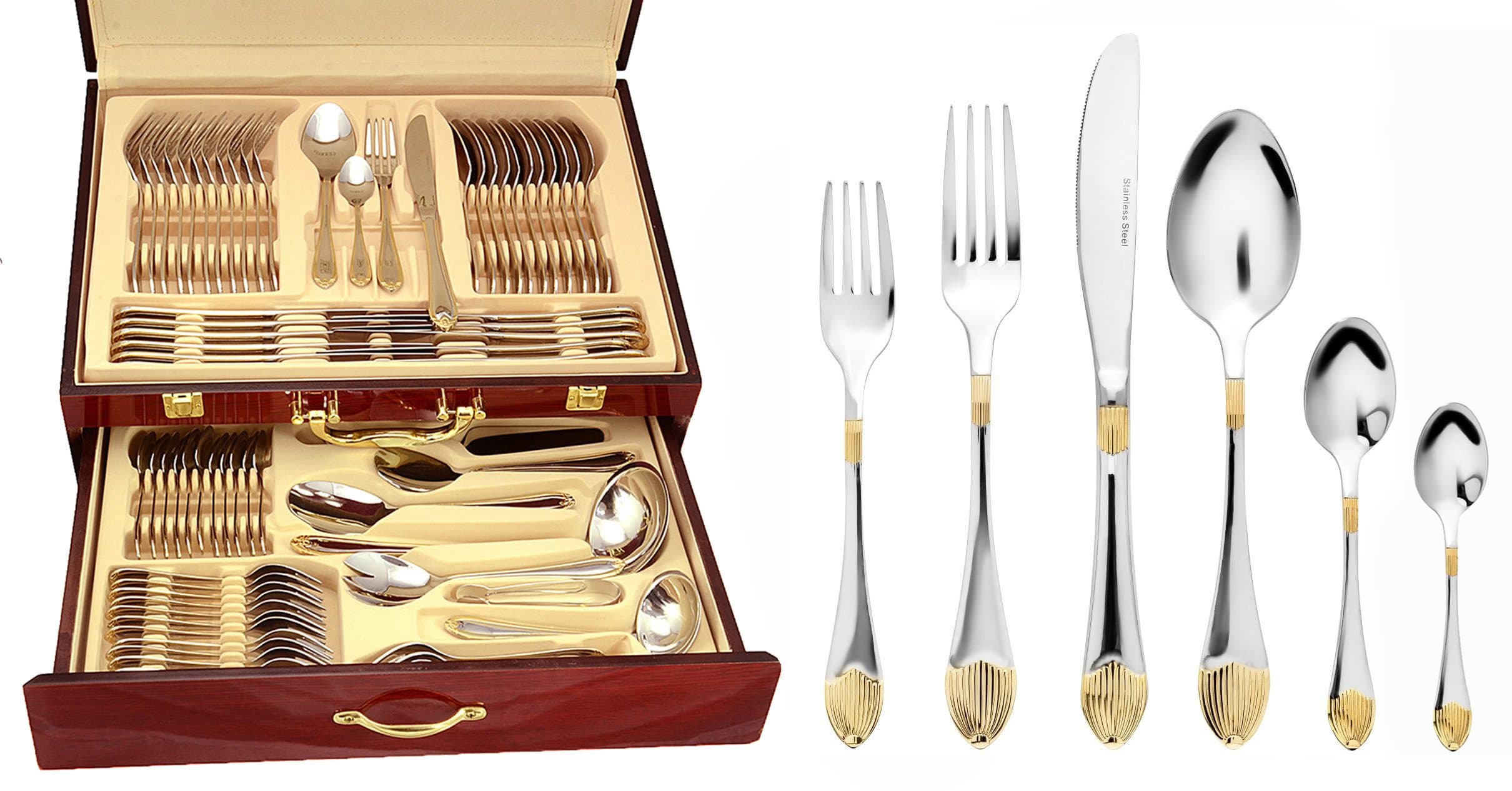 75-Piece Gold Flatware Set Dining Service for 12 - Premium 18/10 Stainless Steel - 24K Gold Plated Trim - Silverware Serving Set Lightweight - Wood Flatware Box - Dishwasher Safe (Coral)