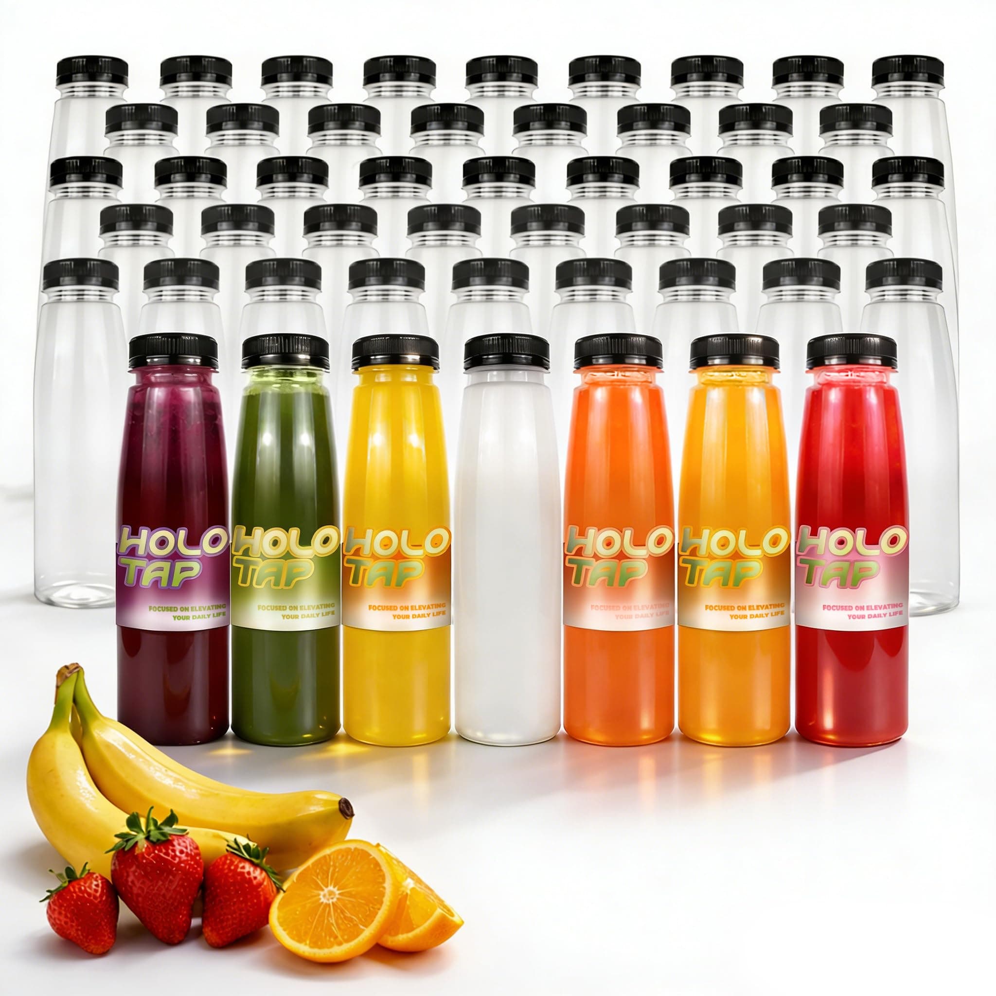 Holotap 36Pcs 12oz Plastic Juice Bottles with Caps, Empty PET Clear Disposable Plastic Bottles Bulk with Black Tamper Evident Lids (12 OZ, Black)