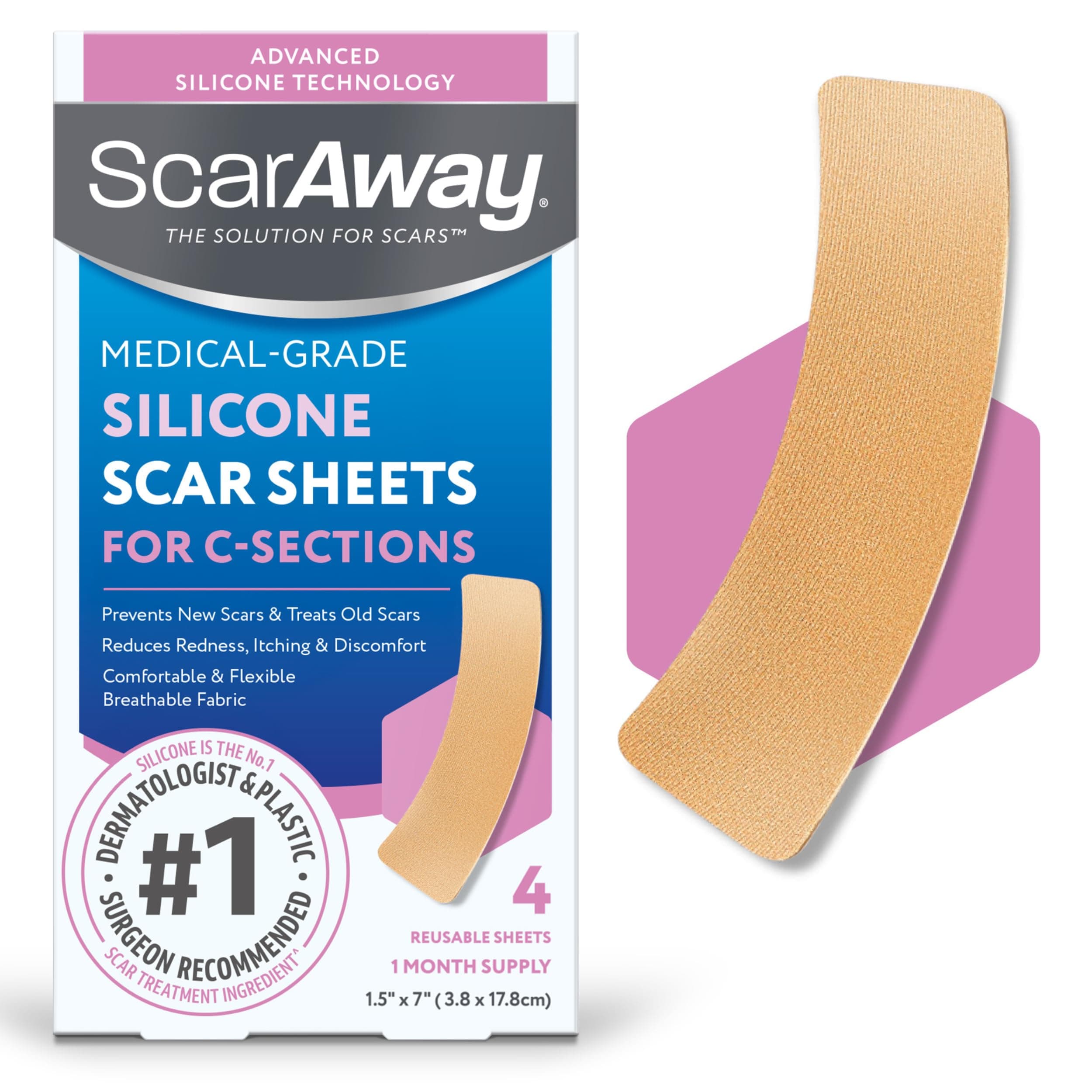 ScarAway Advanced Silicone Scar Sheets for C-Section, Reusable Strips (1.5” x 7”) for Hypertrophic and Keloid Scars from C-Section & Other Surgeries, 4 Sheets