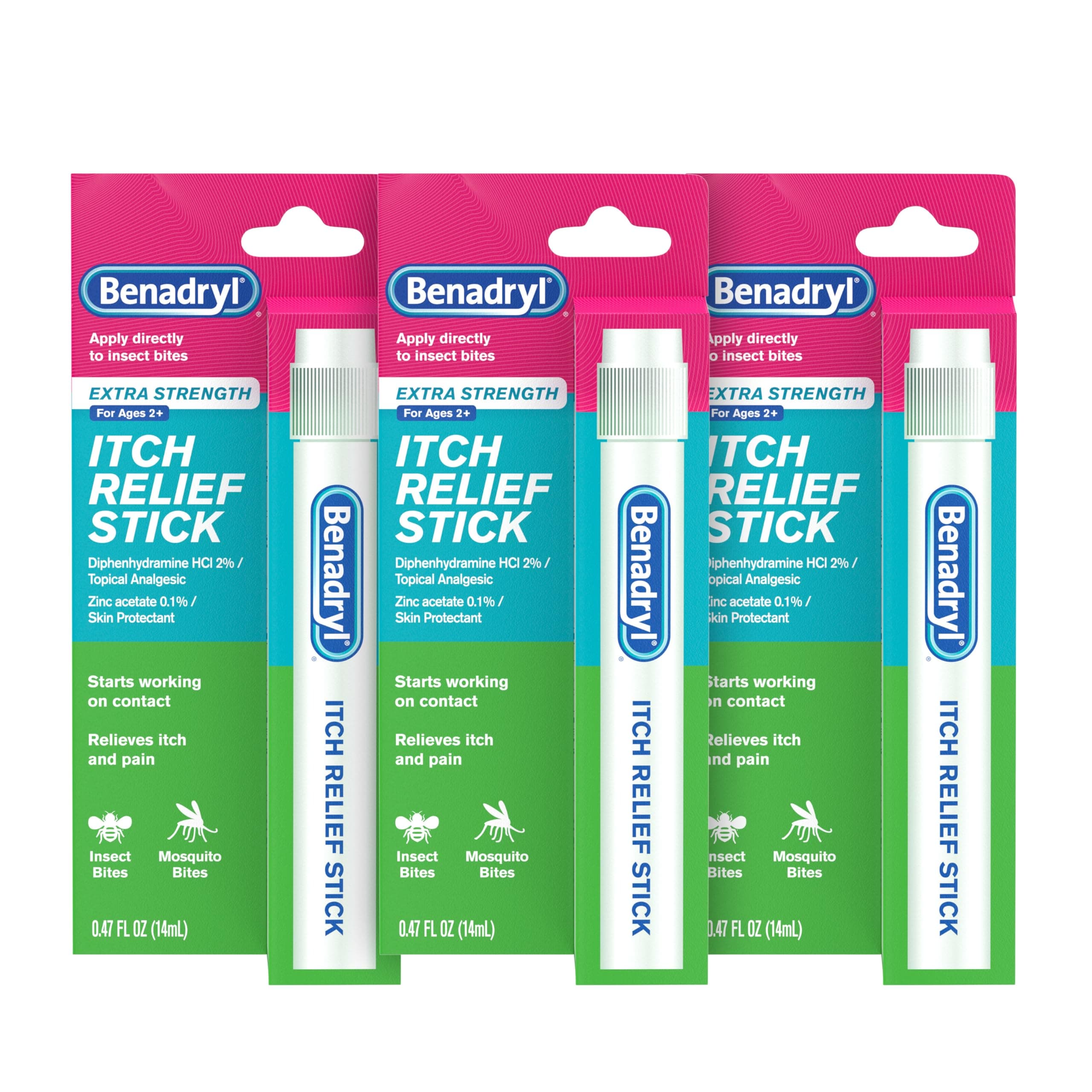 Benadryl Extra Strength Anti-Itch Relief Stick, Bug Bite Itch Relief, Diphenhydramine HCl Topical Analgesic & Zinc Acetate Skin Protectant, Great for Camping Essentials, 0.47 fl oz (Pack of 3)