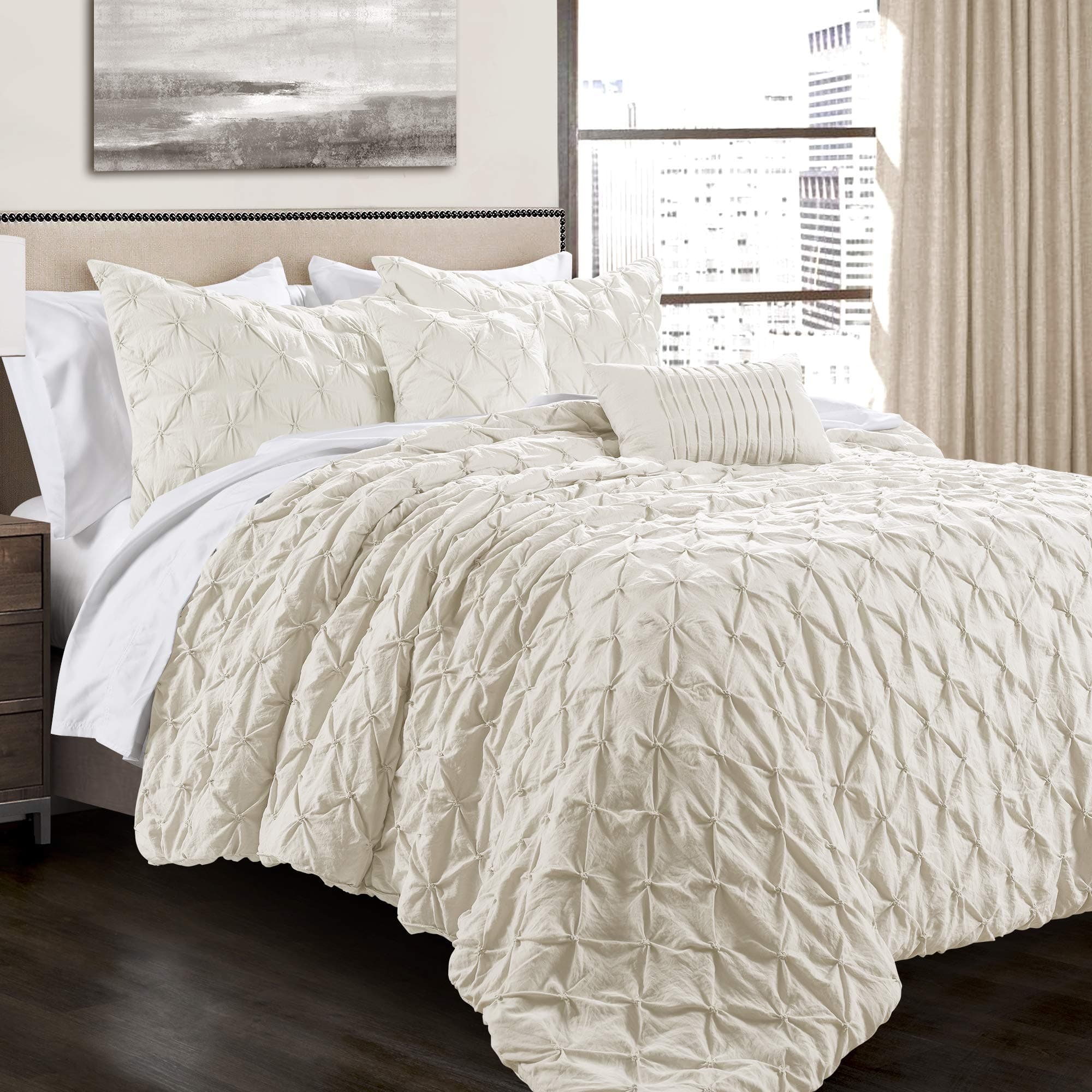 Ravello Pintuck Comforter Set - Luxe 5 Piece Textured Bedding Set - Traditional Glam & Farmhouse Inspired Bedroom Decor - King, Ivory