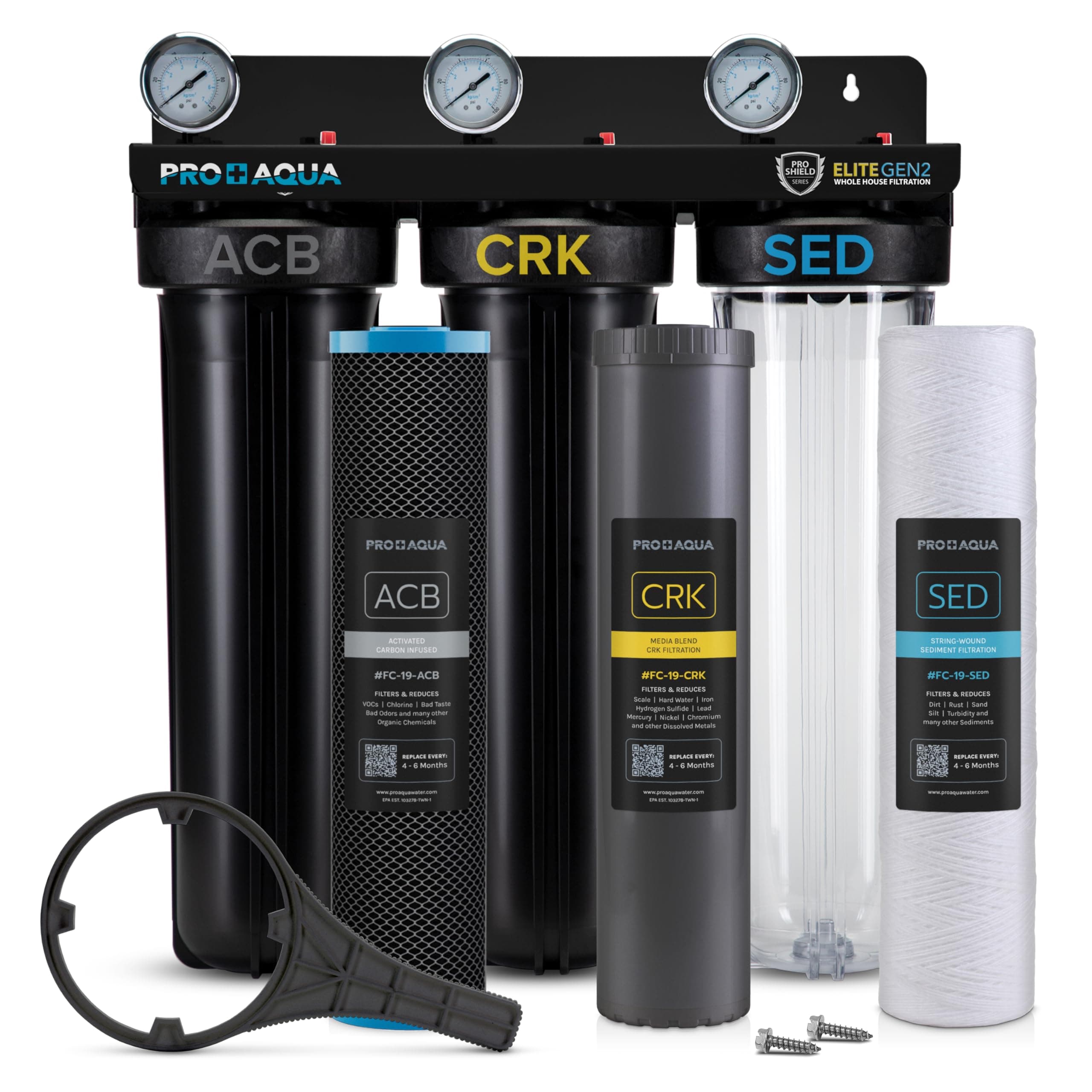 PRO+AQUA Elite Series GEN2 PRO-100-E 3-Stage Whole House Water Filtration System for City & Well Water with Pressure Gauges | Reduces Contaminants, Sediment, Chemicals, Heavy Metals, with 1” Ports