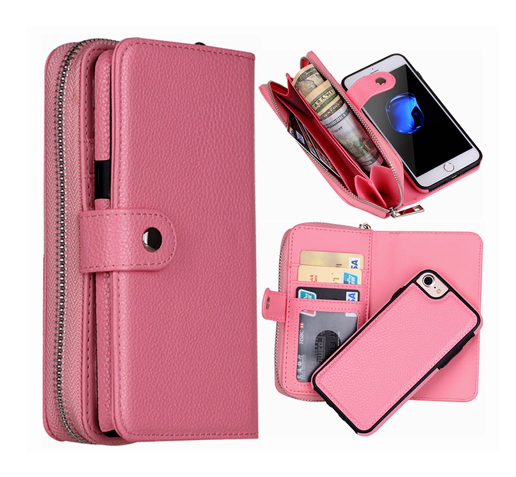 Hynice iPhone 6/6S Wallet Case, iPhone 6/6S Wallet Purse Case Leather Zipper Case with credit card slots and Magnetic Detachable Slim Cover for iPhone 6/6S 4.7" (Litchi-pink)