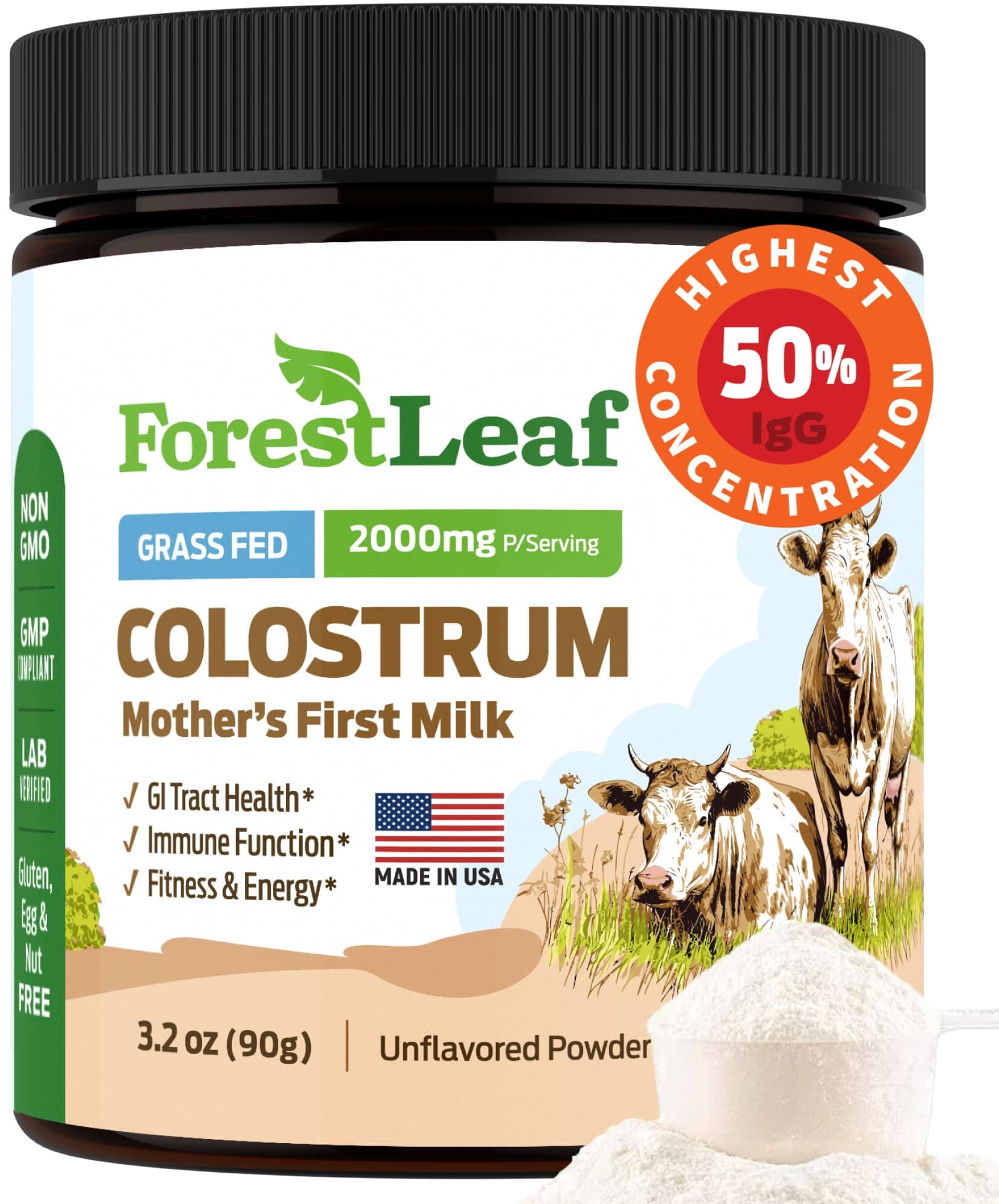 - ForestLeaf Colostrum Powder 50% IgG Highest Pure Concentration, Grass Fed Colostrum Supplement for Gut Health, Immune Support and Muscle Recovery, Bovine Colostrum for Humans, Unflavored, 45 Servings