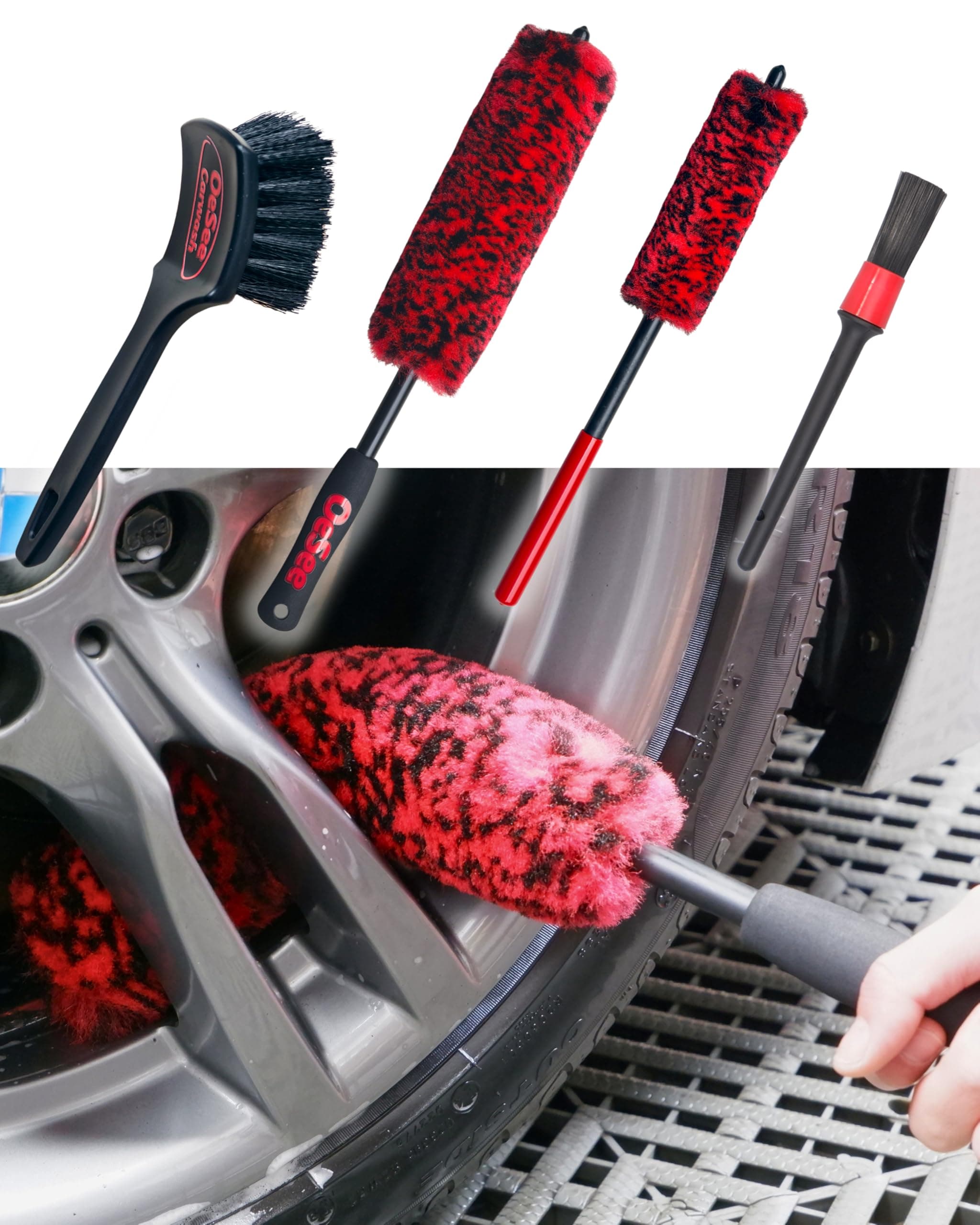 Professional 4 Pack Long Handle Wheel Brush Kit for Cleaning Wheel and Tire- 2X Soft Wheel Cleaning Brush, Detailing Brush and Stiff Tire Brush, Bendable& Durable Wheel Rim Cleaner Brush Set