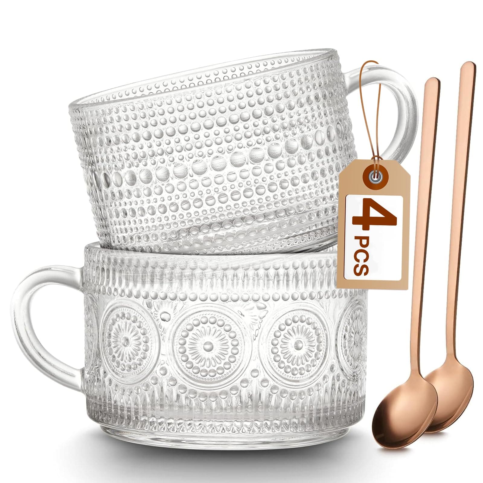 Mfacoy Vintage Coffee Mugs Set of 2, 14 oz Embossed Glass Cups with Handle, Clear Cups for Cappuccino, Latte, Cereal, Yogurt, Milk, Hot or Cold Beverages