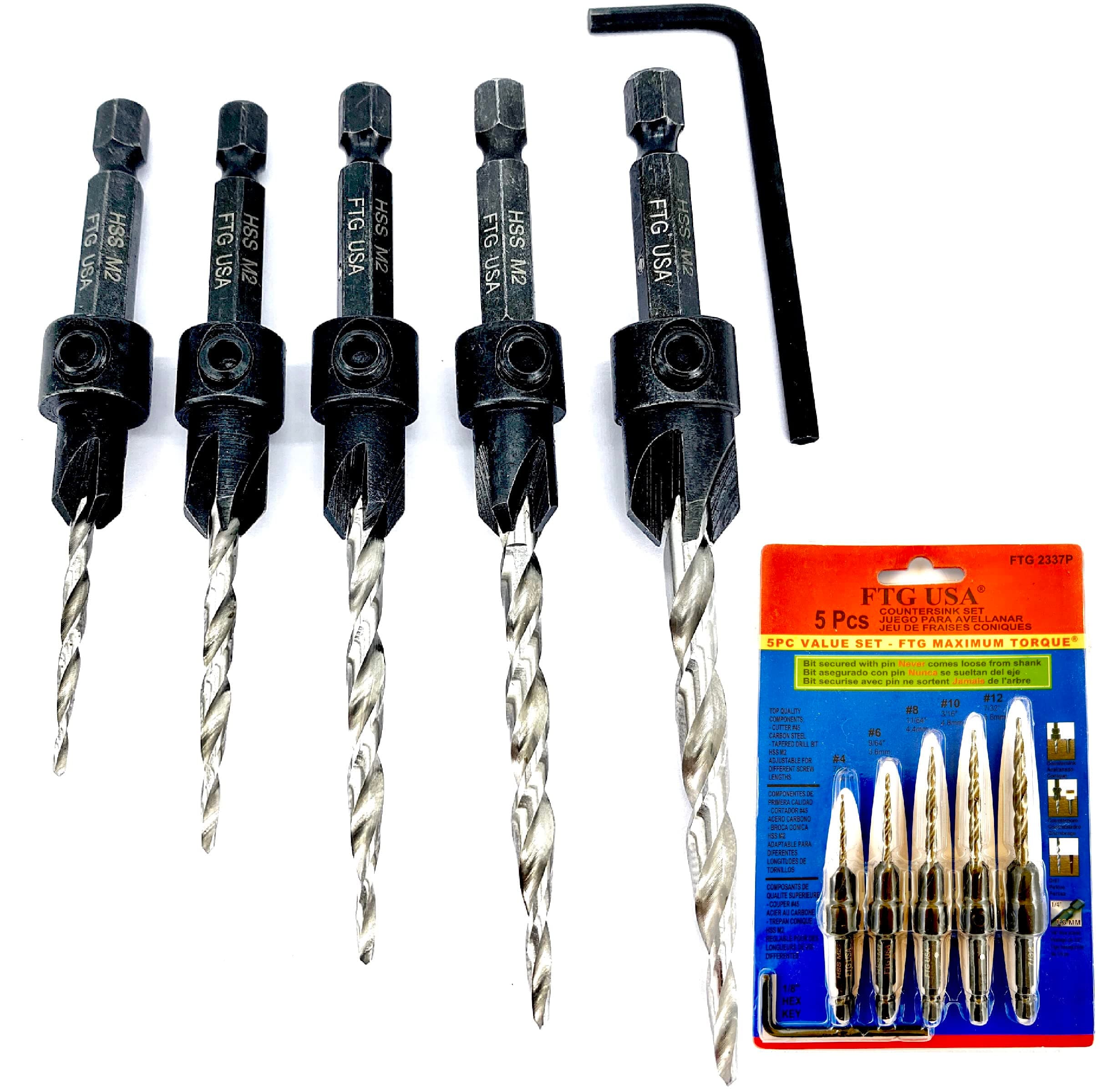 FTG USA Wood Countersink Drill Bit Set Maximum Torque, 10, 12 with Woodworking HSS Tapered Bits Secured with Pin and Hex Wrench (1/8" Allen Key) 5 Piece taper bits (without Depth Stop Collar)