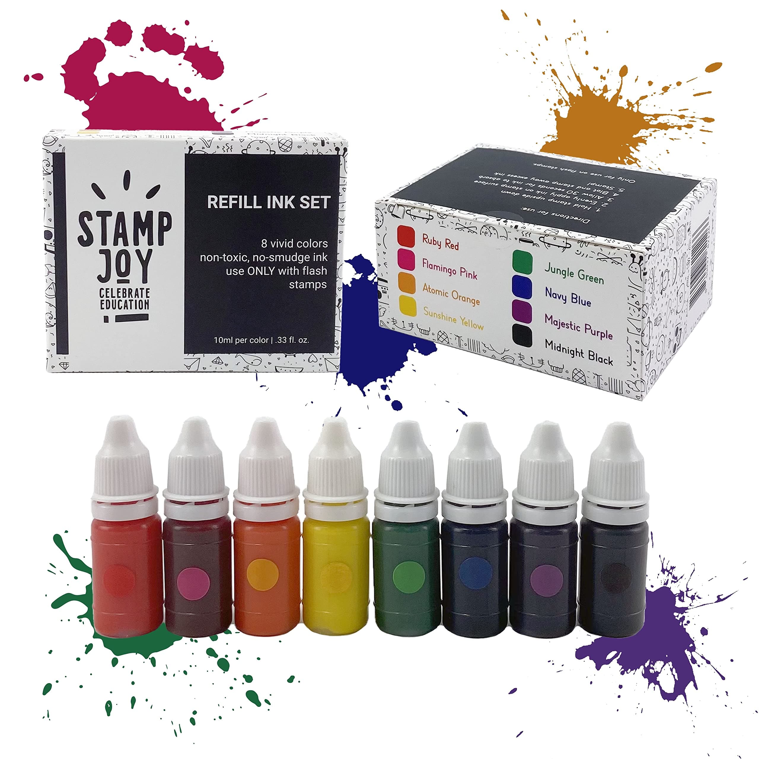 Stamp Joy - Premium Refill Ink for Self Inking Stamps and Stamp Pads, Ink Pads, Teacher Stamps for Classroom, Stamps for Teachers, Water-Based, 8 Color Set