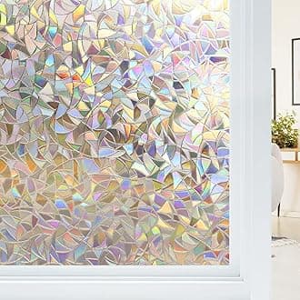 Haton Window Privacy Film, Non-Adhesive Static Window Cling, 3D Decorative Rainbow Window Decals, Removable Window Glass Vinyl, Anti-UV Window Sticker Cover Heat Control for Home Office, 17.5”x78.7”