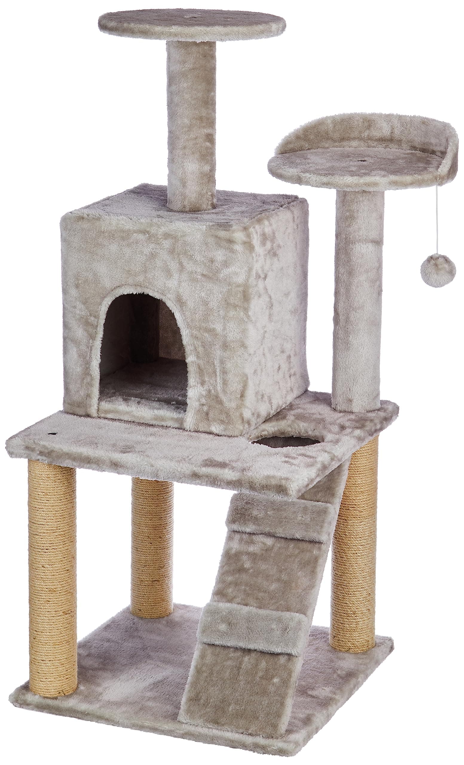 - Amazon Basics Large Cat Tree with Scratching Posts, Balls, Stairs and House | 48.5 x 45.5 x 106.5 cm | Grey
