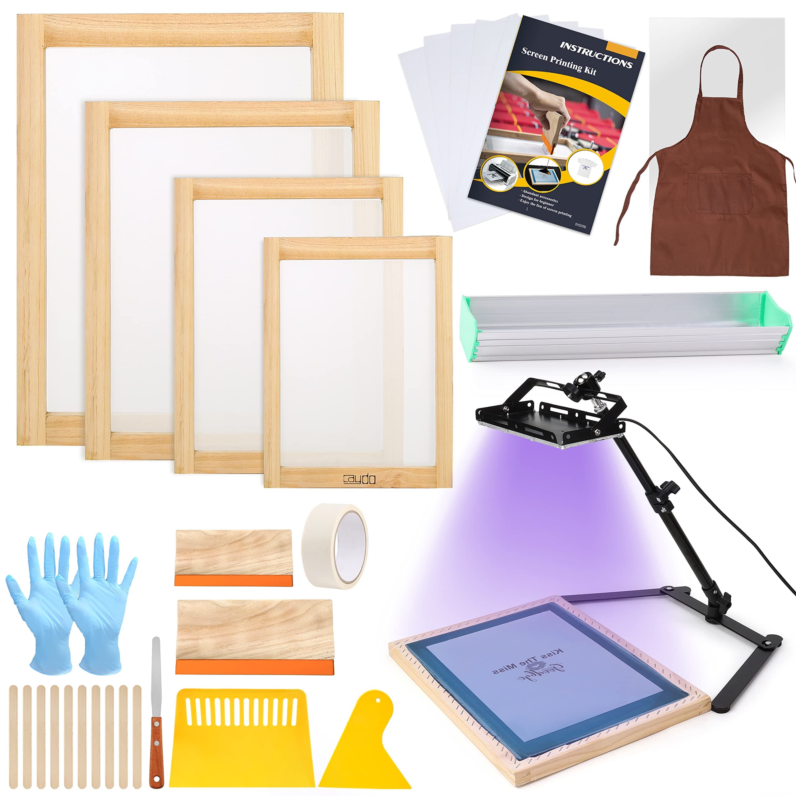 Caydo 36 Pieces Screen Printing Kit Includes 50W LED UV Exposure Screen Printing Light, 4 Sizes Silk Screen Printing Frame, Instructions, 5 Sheets A4 Inkjet Film for Screen Printing