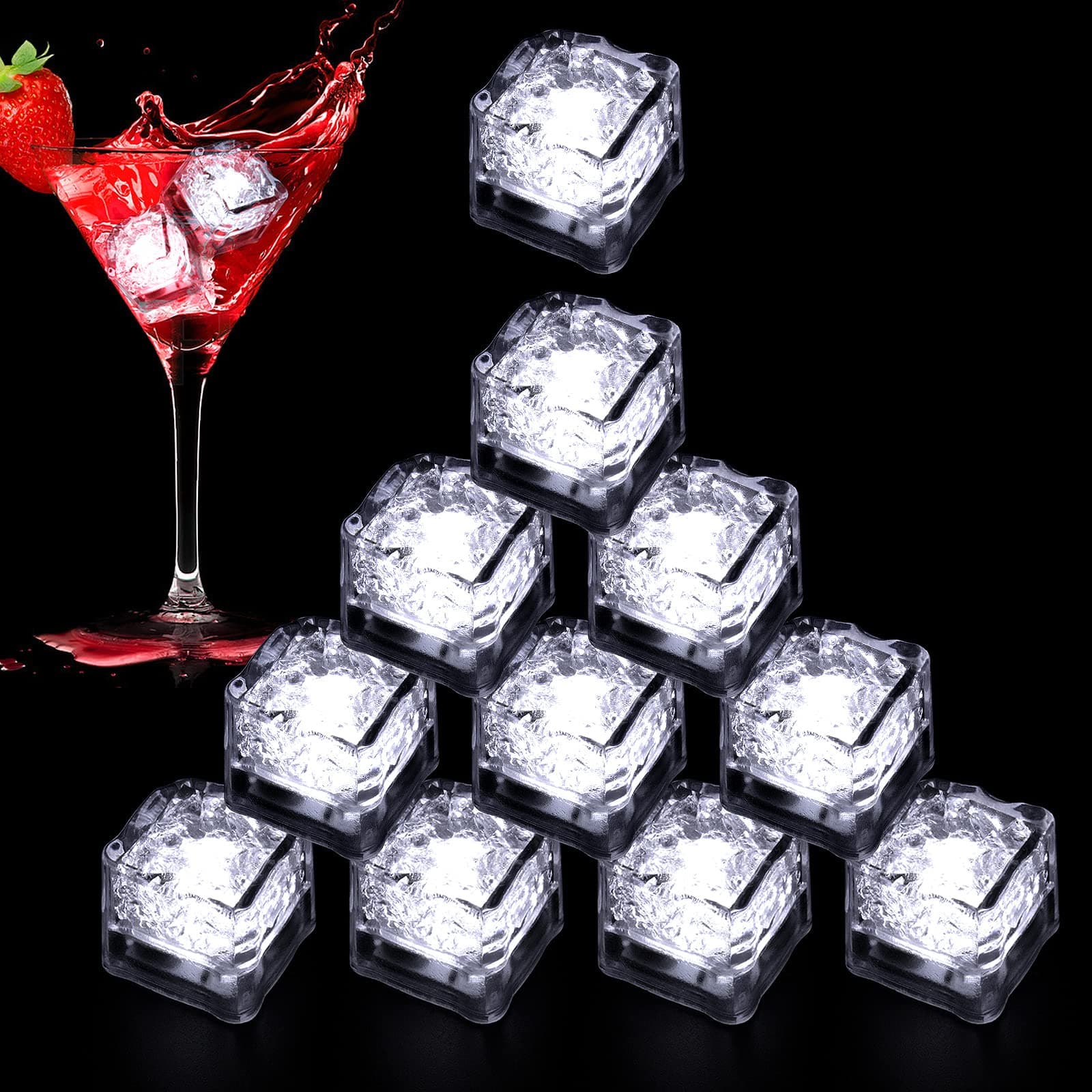 NonleyLight Up Ice Cubes for Drinks, 48PCS White LED Ice Cubes Liquid Activated, Glow in The Dark Waterproof Ice Cubes for Home Bar Supplies Summer Party Wedding Decor