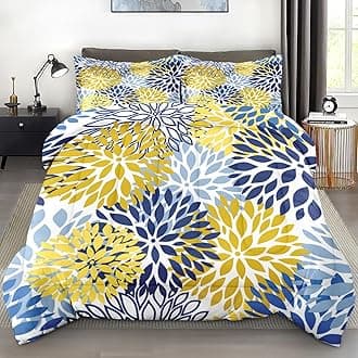 Comforter Set Twin Size, Spring Floral Navy Blue Soft 2 Pcs Bedding for Kids and Adults, Gray Yellow Flower Comforter Set with Pillowcase, for Bedroom Bed Decor