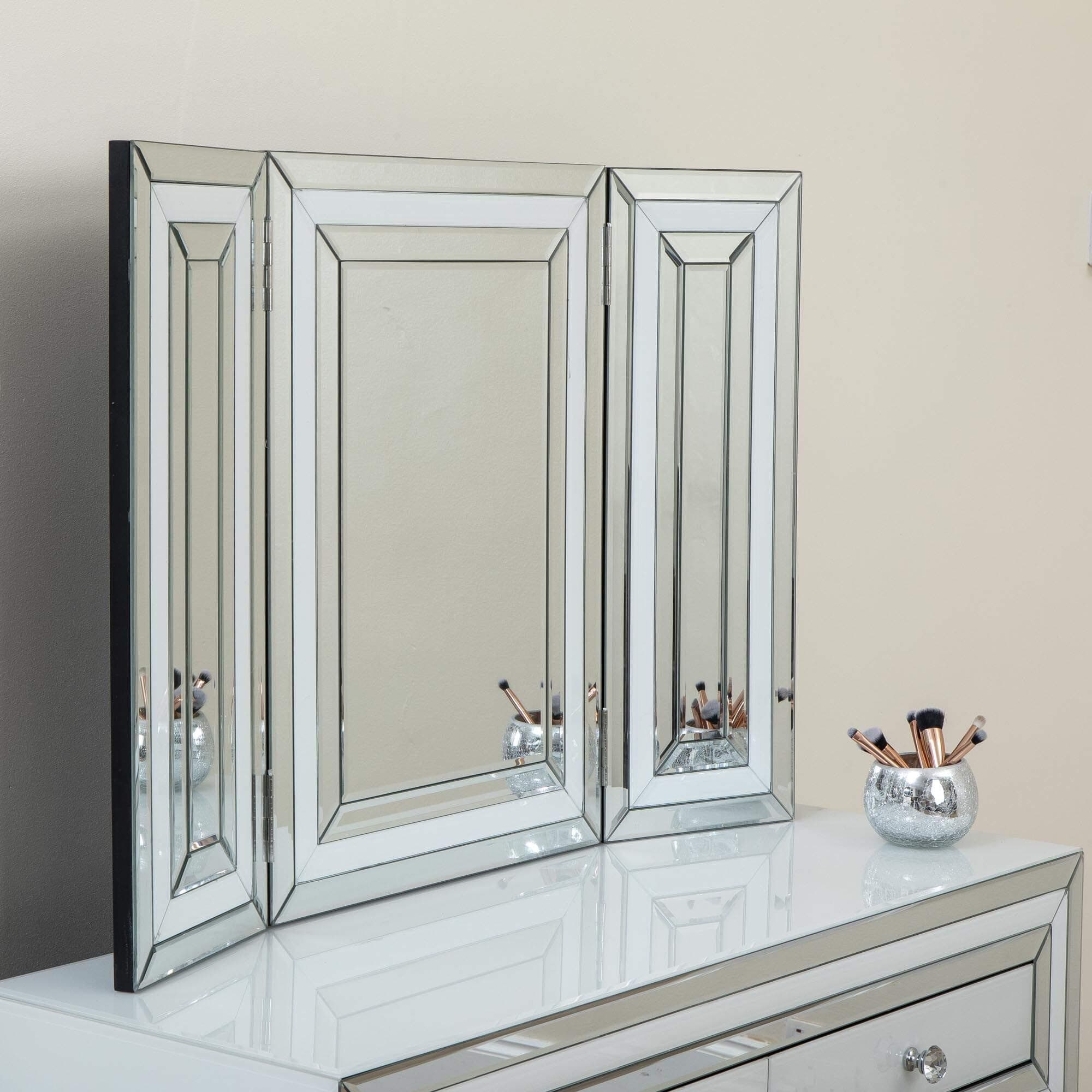 Abreo Dressing Table Mirror 3 Fold Trifold Hinged White Glass and Mirror Trim Vanity Unit Make Up Mirror Dressing Room