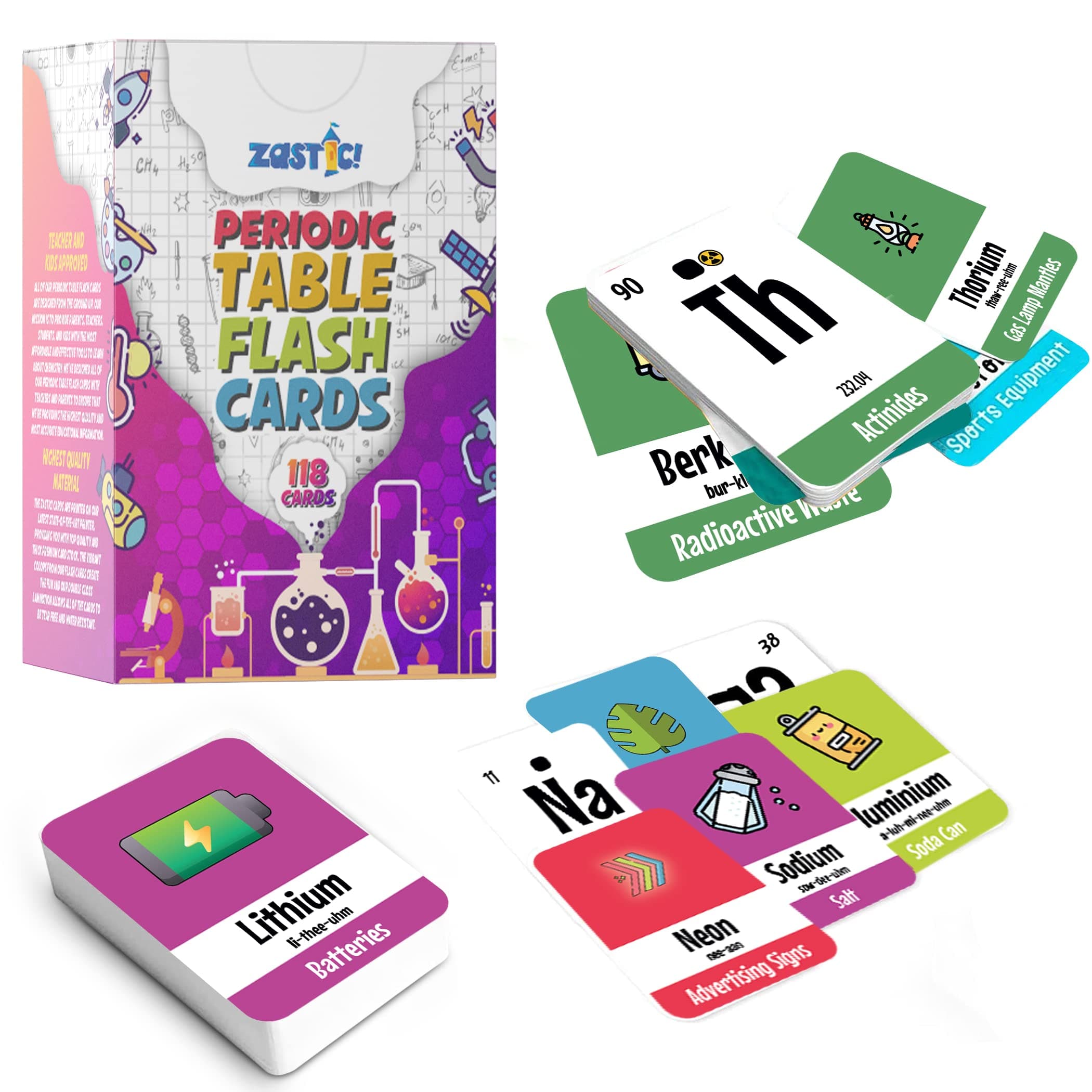Zastic! Periodic Table Flash Cards - Laminated Elements Flashcards (118) for Kids - Great for Chemistry and Table Games