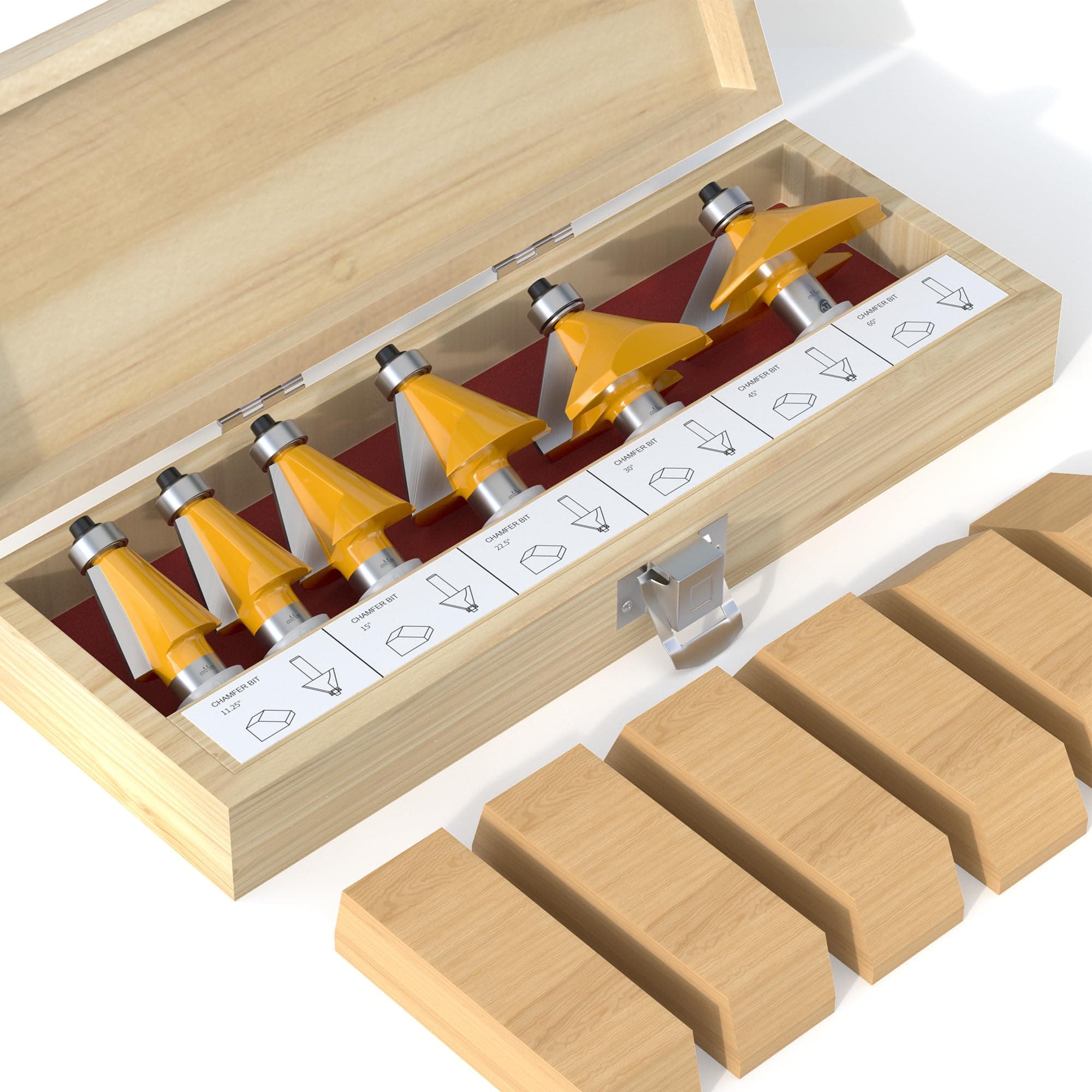FivePears 6 PCS Chamfer Router Bit Set 1/2 Inch Shank, Edge Forming Bevel Carbide Tipped Router Bit with Bearing, Miter Angle Milling Cutters Tool, Including 11.25, 15, 22.5, 30, 45, 60 Degree